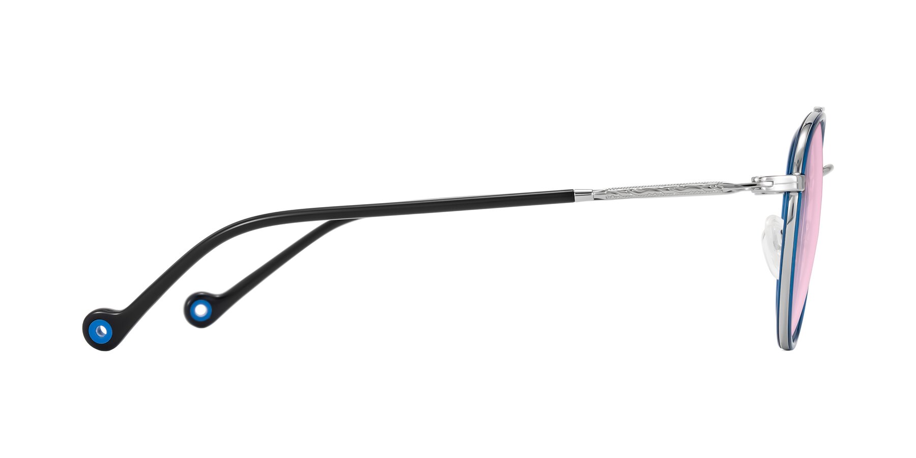 Side of Biko in Blue/Silver with Light Pink Tinted Lenses