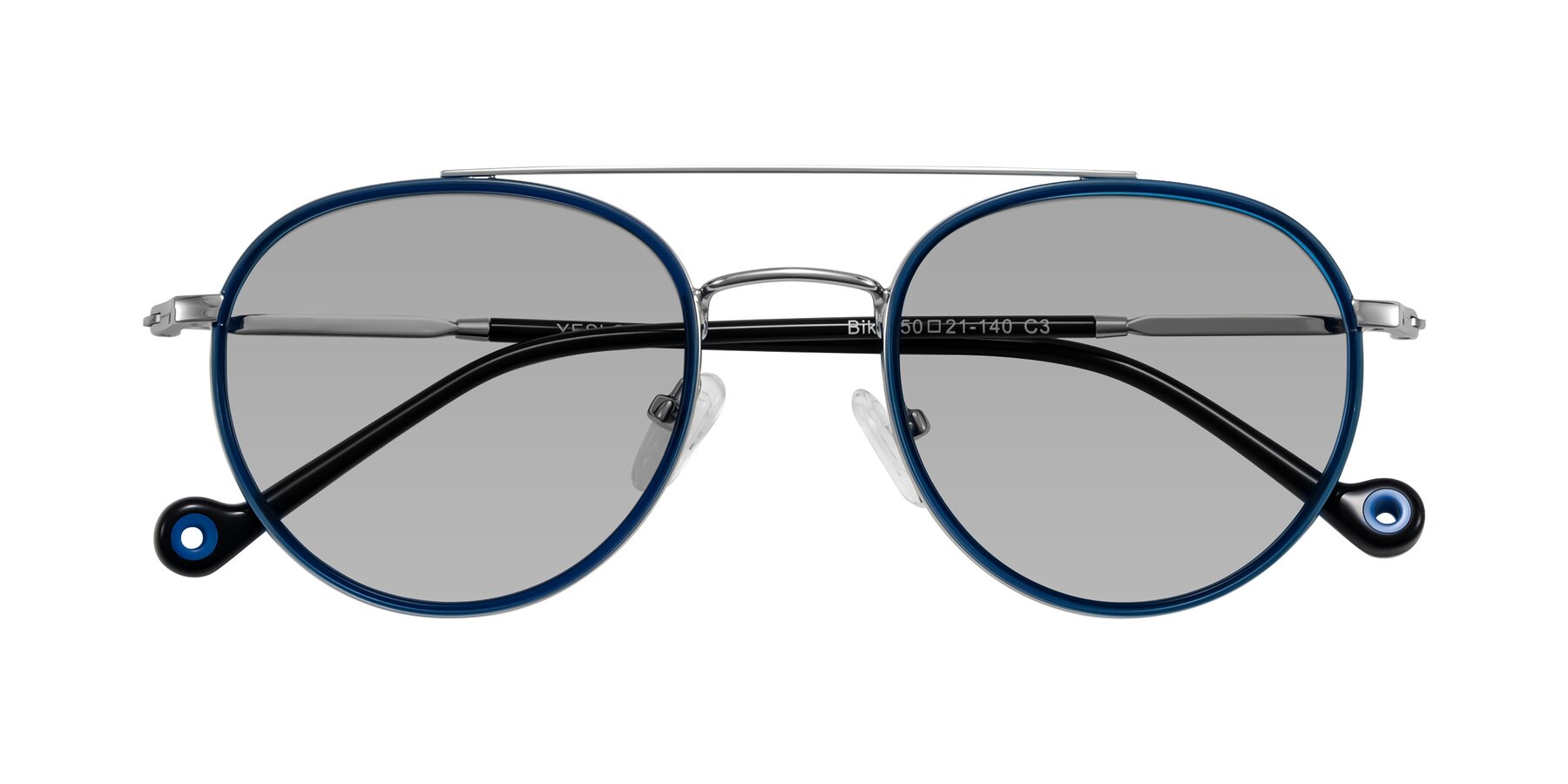 Folded Front of Biko in Blue/Silver with Light Gray Tinted Lenses