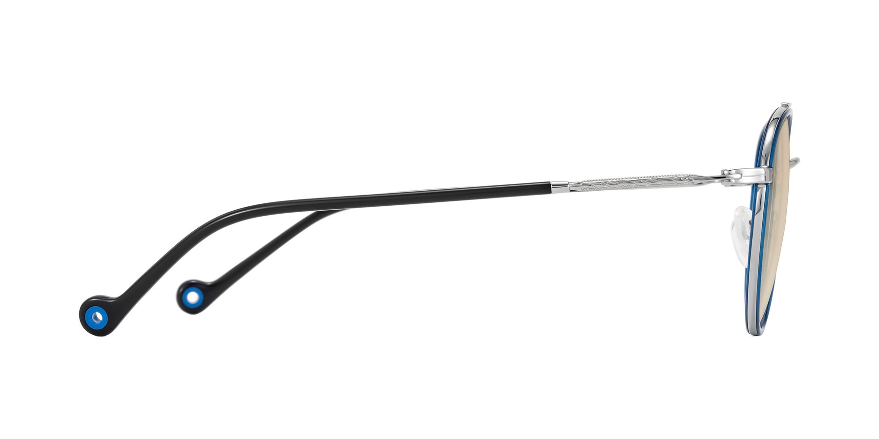 Side of Biko in Blue/Silver with Light Brown Tinted Lenses