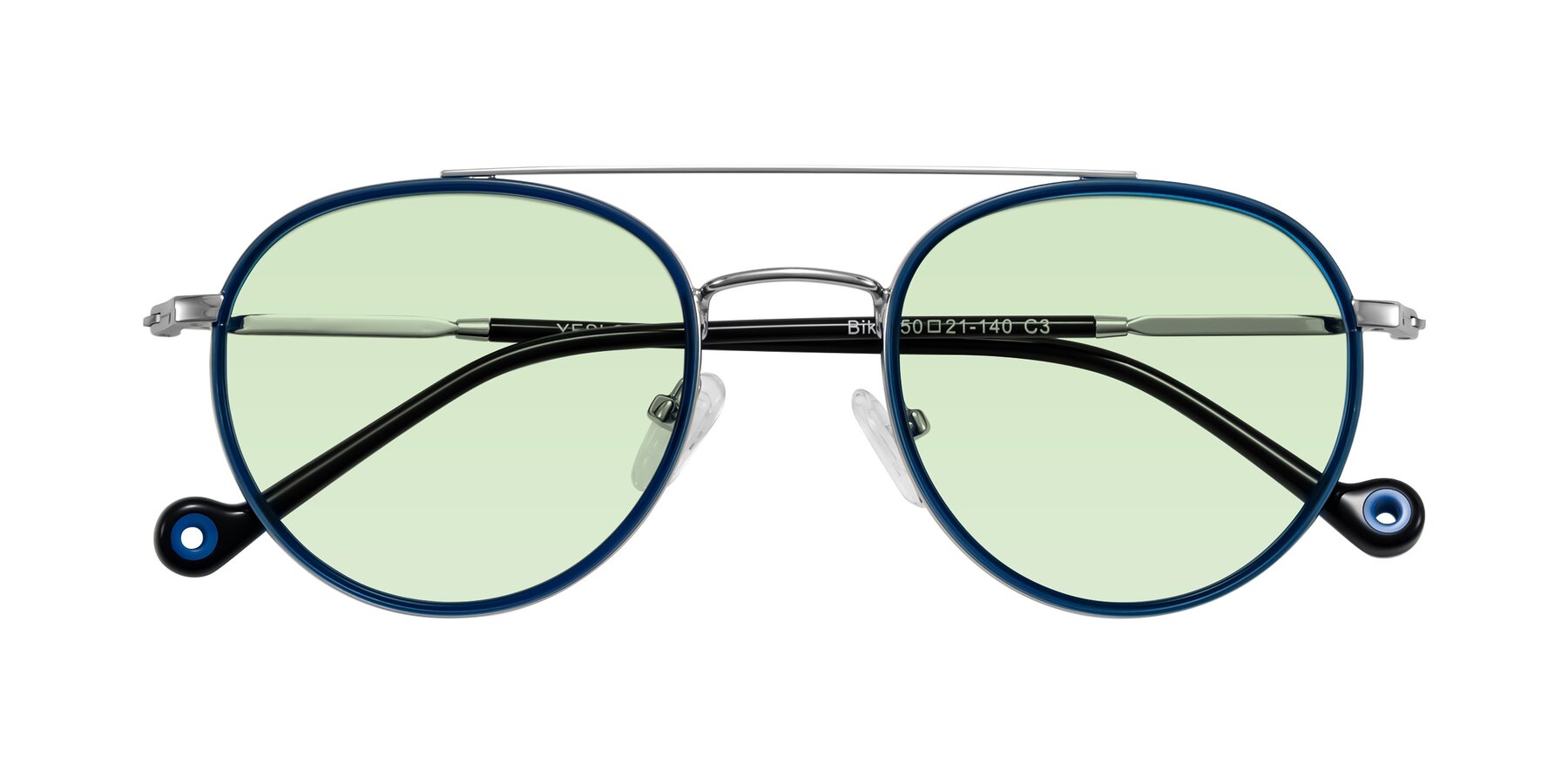 Folded Front of Biko in Blue/Silver with Light Green Tinted Lenses