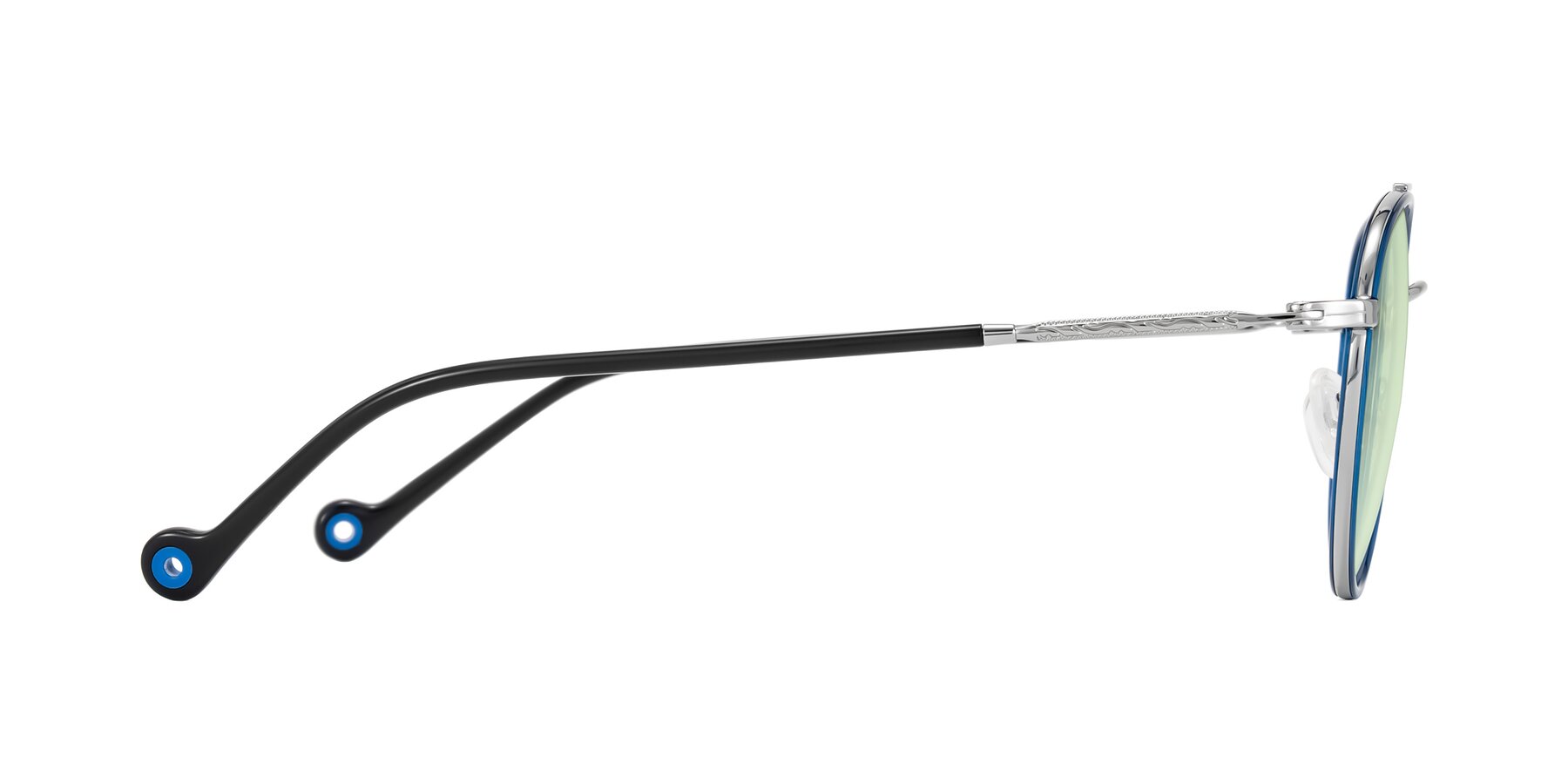 Side of Biko in Blue/Silver with Light Green Tinted Lenses