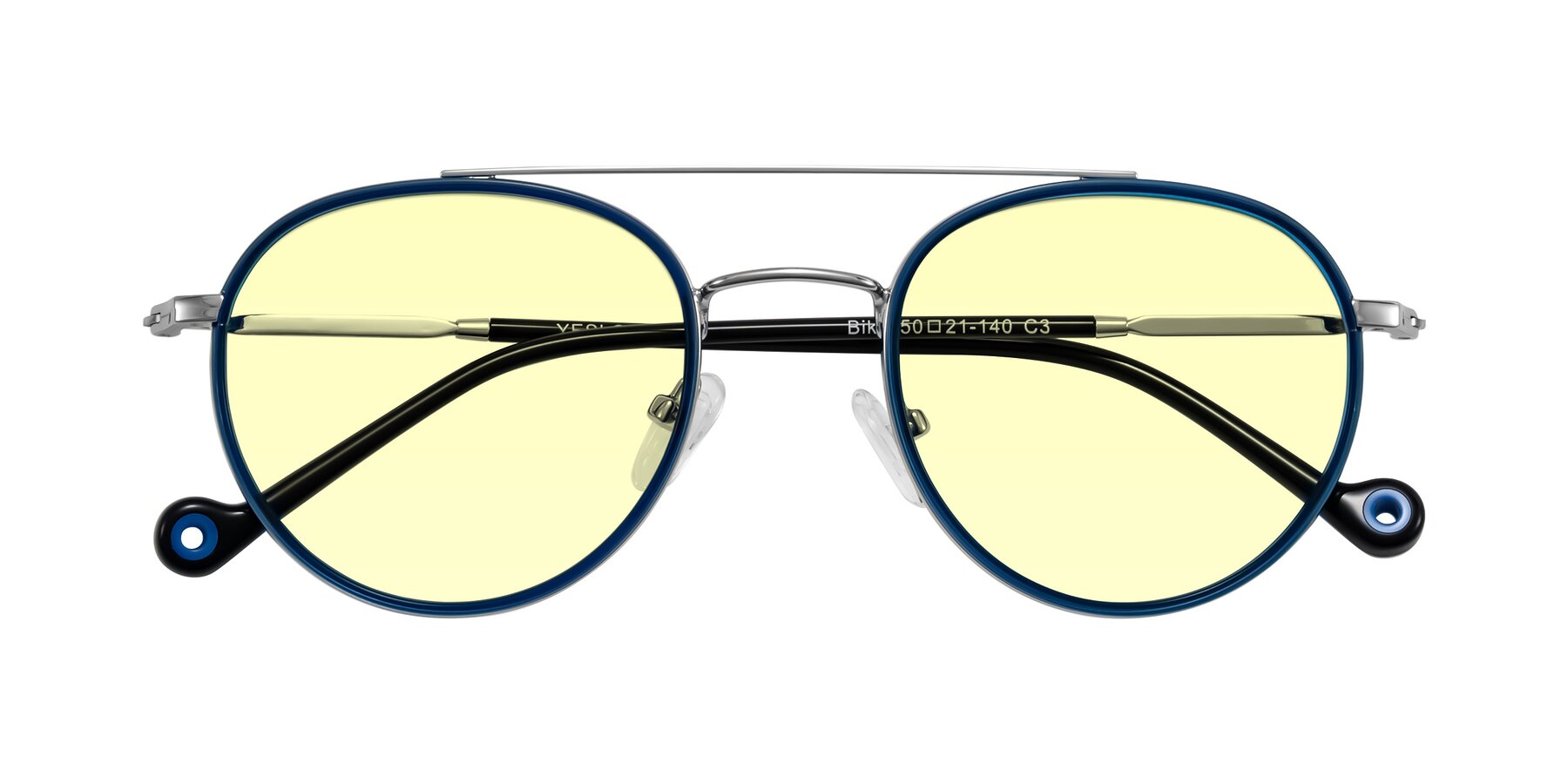 Folded Front of Biko in Blue/Silver with Light Yellow Tinted Lenses