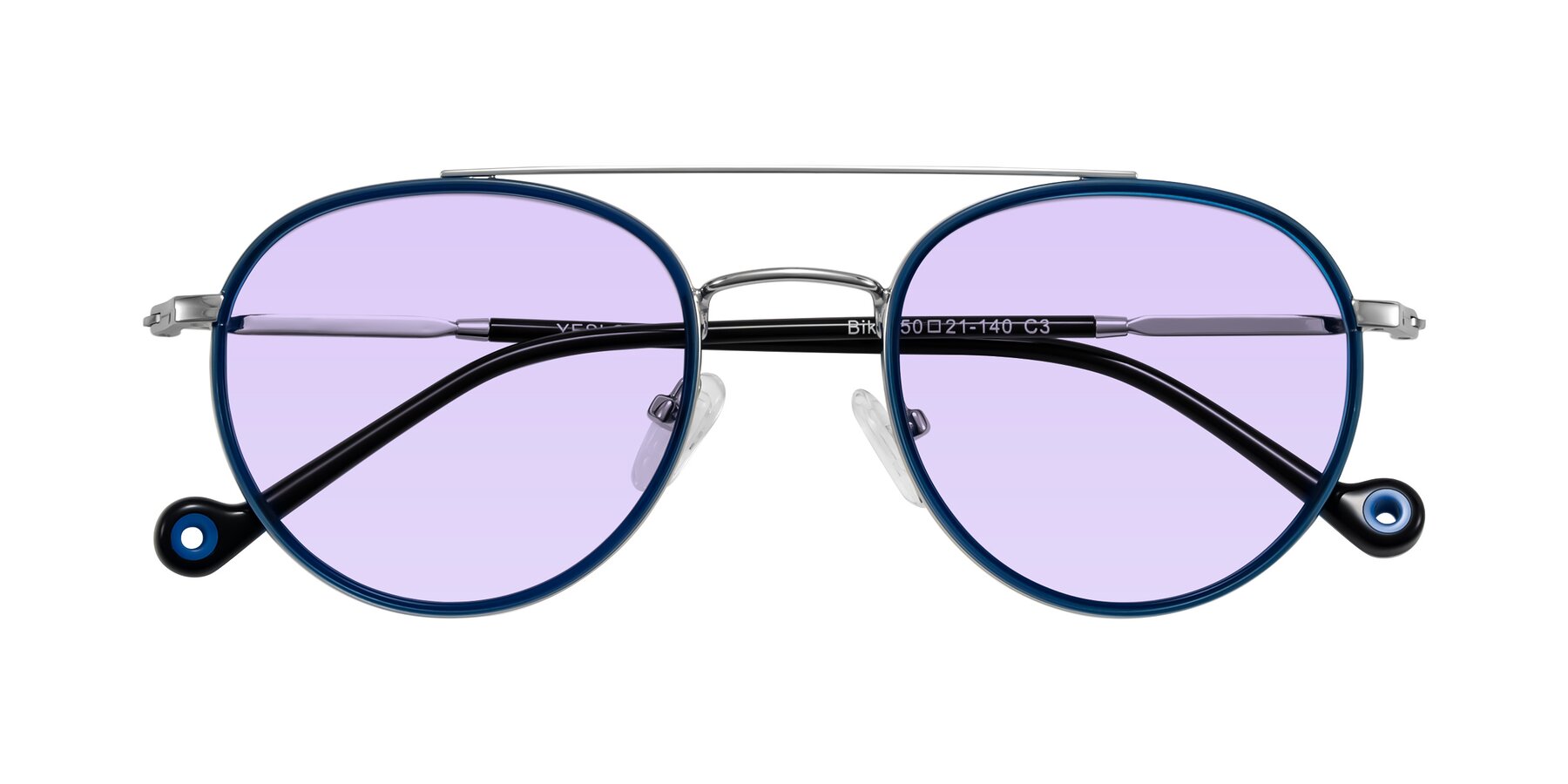 Folded Front of Biko in Blue/Silver with Light Purple Tinted Lenses