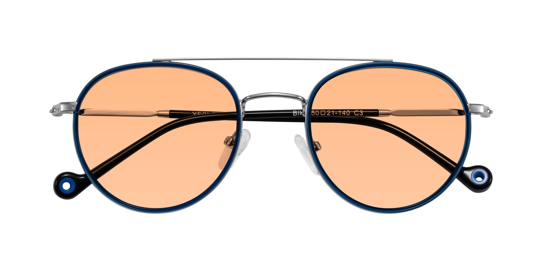 Folded Front of Biko in Blue/Silver with Light Orange Tinted Lenses