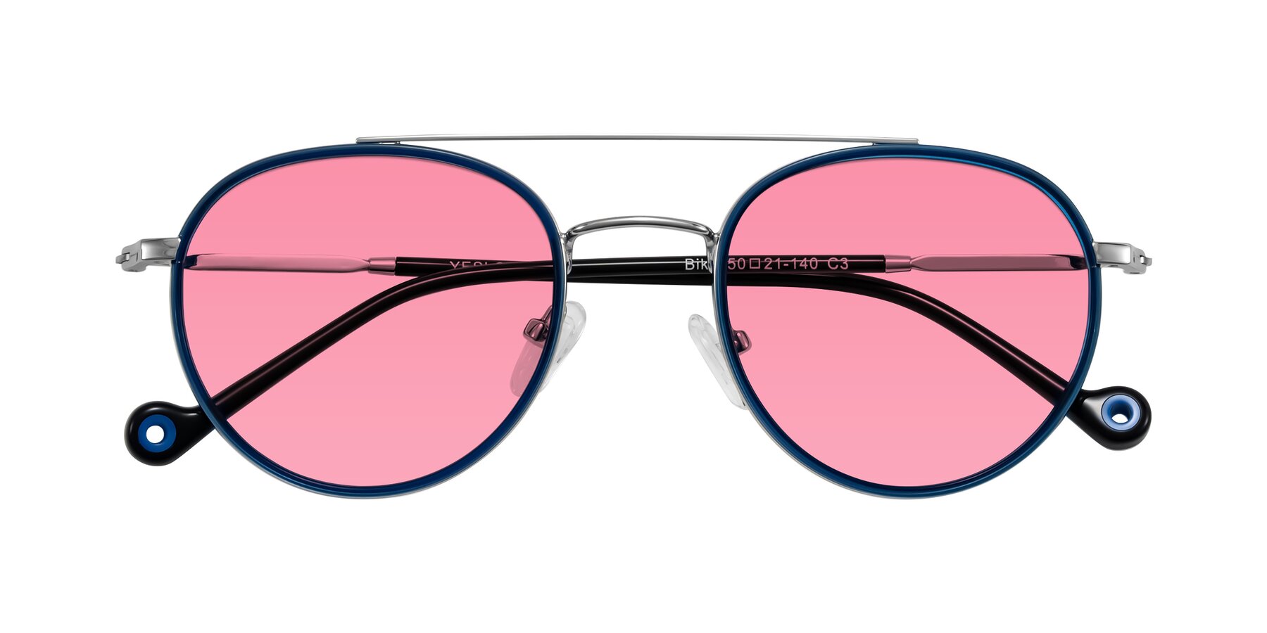 Folded Front of Biko in Blue/Silver with Pink Tinted Lenses