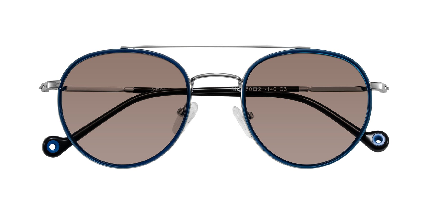 Folded Front of Biko in Blue/Silver with Medium Brown Tinted Lenses