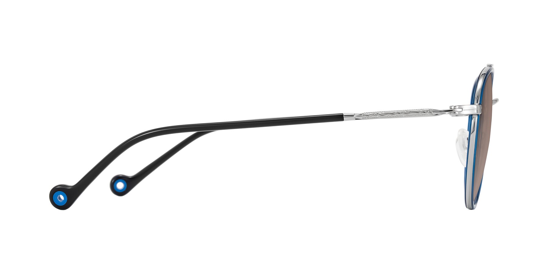 Side of Biko in Blue/Silver with Medium Brown Tinted Lenses