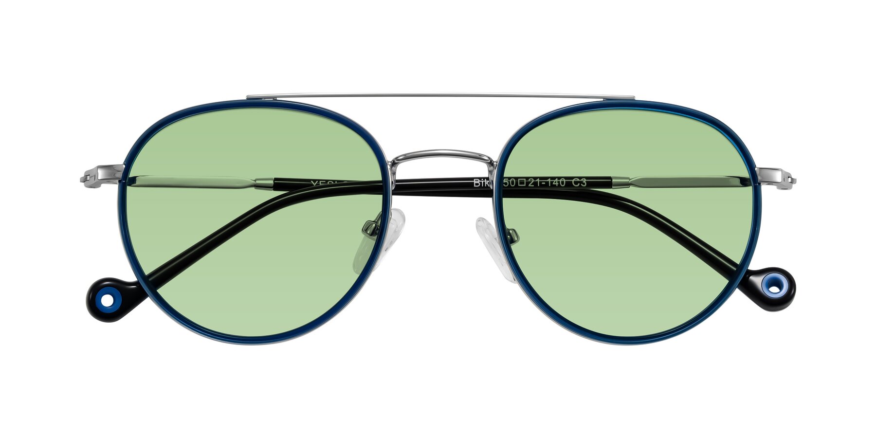 Folded Front of Biko in Blue/Silver with Medium Green Tinted Lenses
