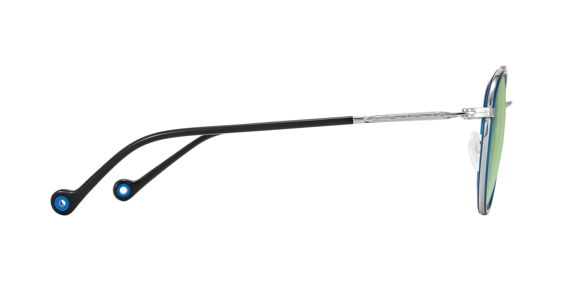 Side of Biko in Blue/Silver with Medium Green Tinted Lenses