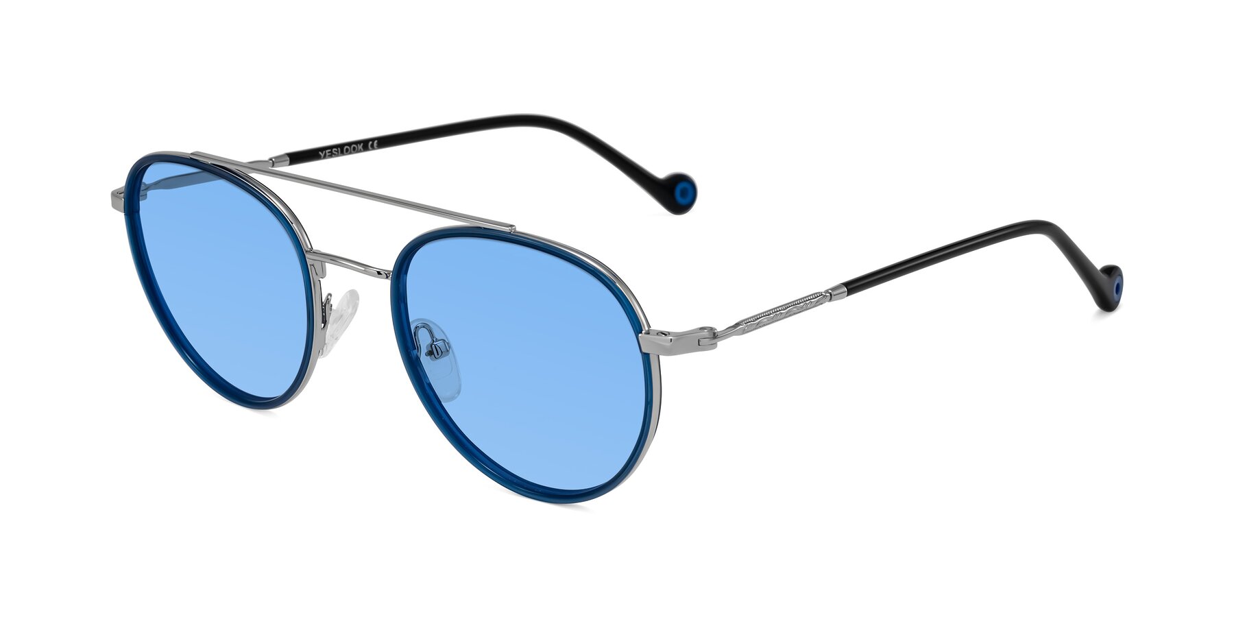 Angle of Biko in Blue/Silver with Medium Blue Tinted Lenses