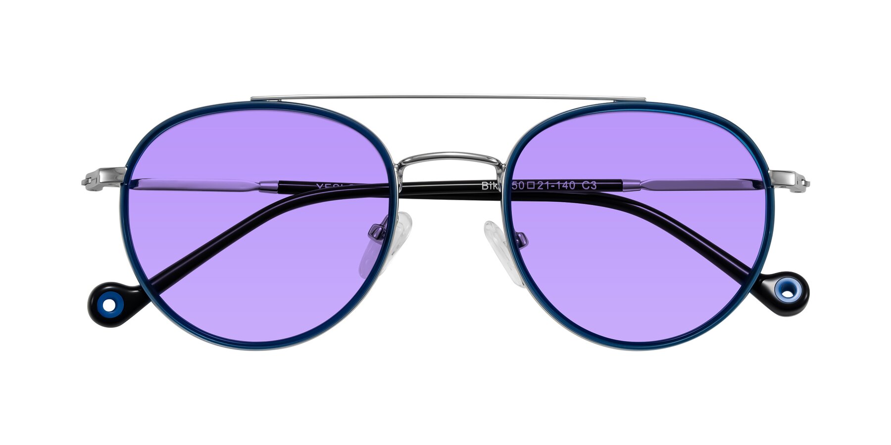 Folded Front of Biko in Blue/Silver with Medium Purple Tinted Lenses