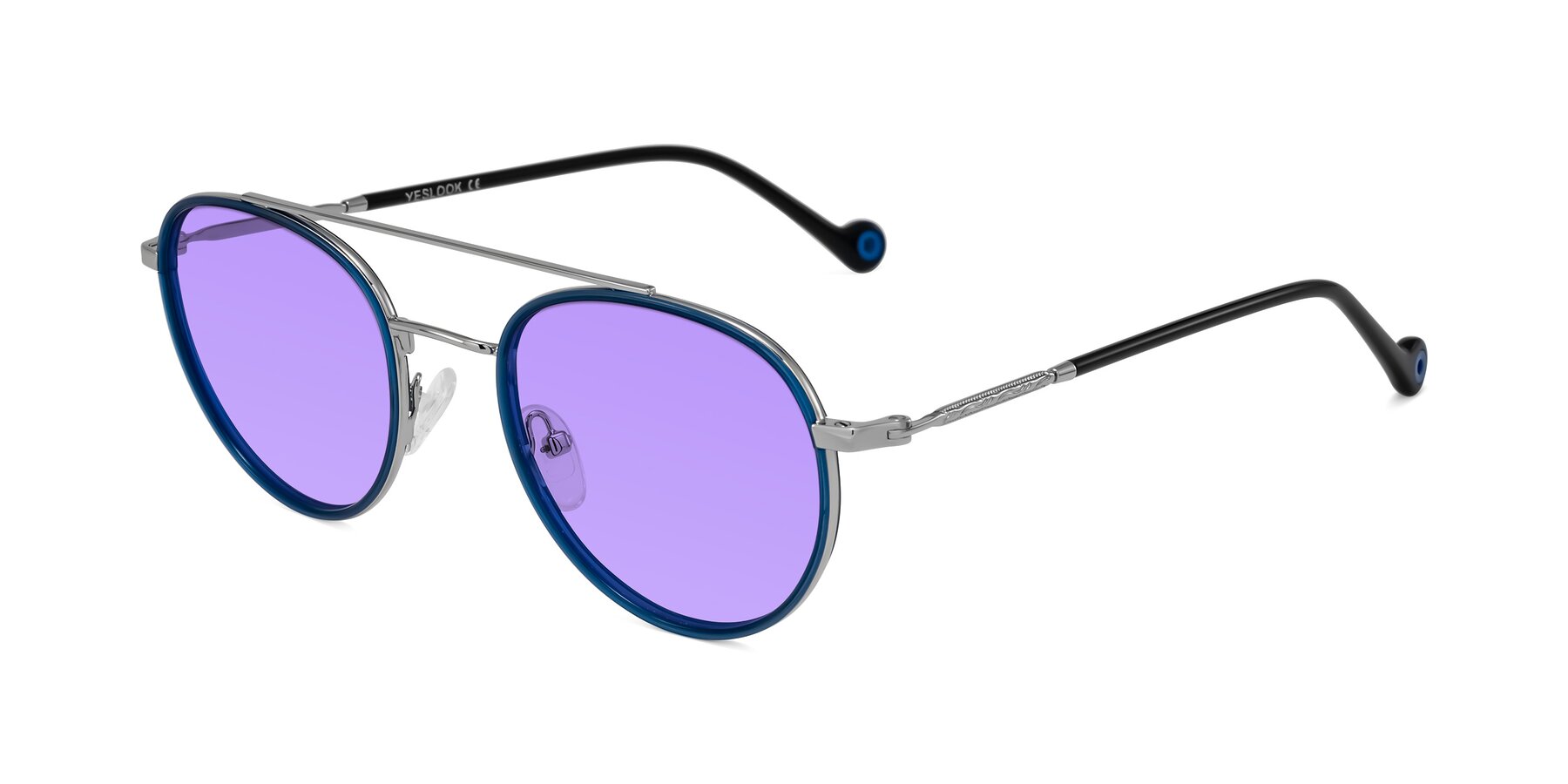 Angle of Biko in Blue/Silver with Medium Purple Tinted Lenses