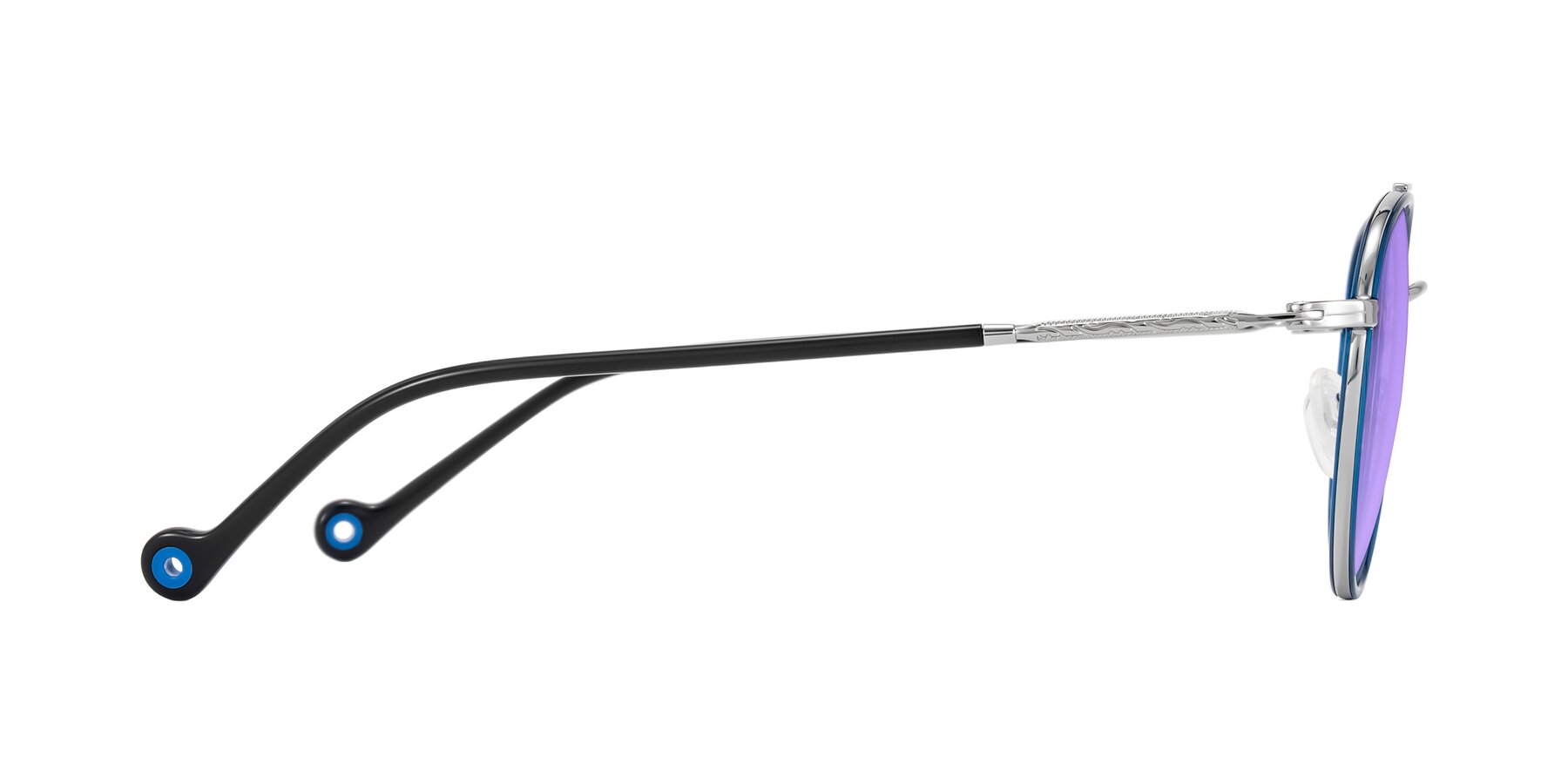 Side of Biko in Blue/Silver with Medium Purple Tinted Lenses