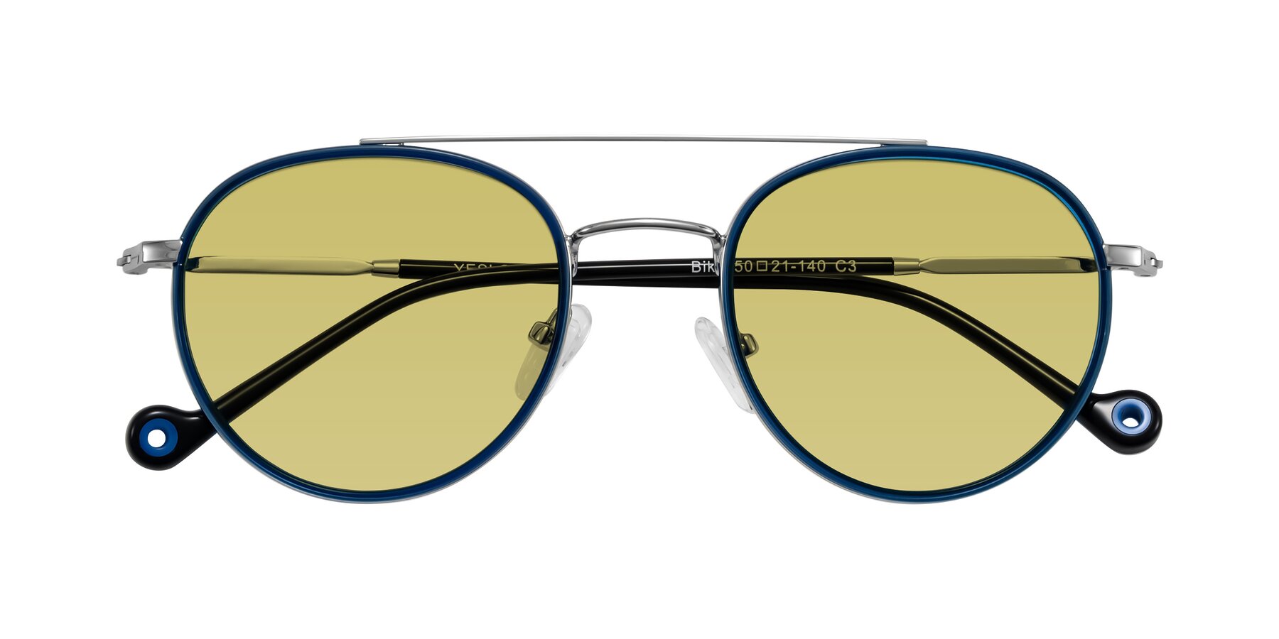 Folded Front of Biko in Blue/Silver with Medium Champagne Tinted Lenses