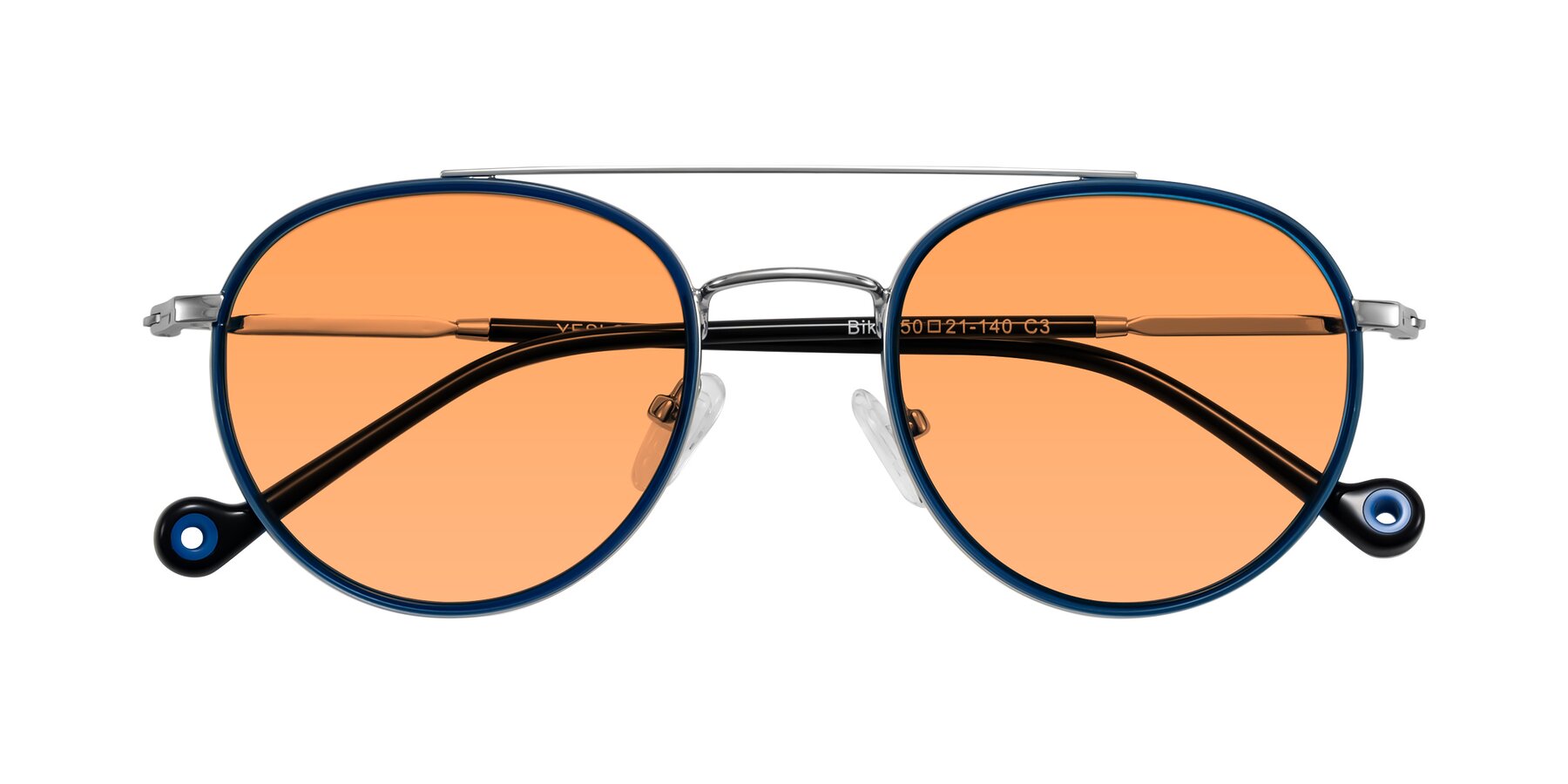 Folded Front of Biko in Blue/Silver with Medium Orange Tinted Lenses