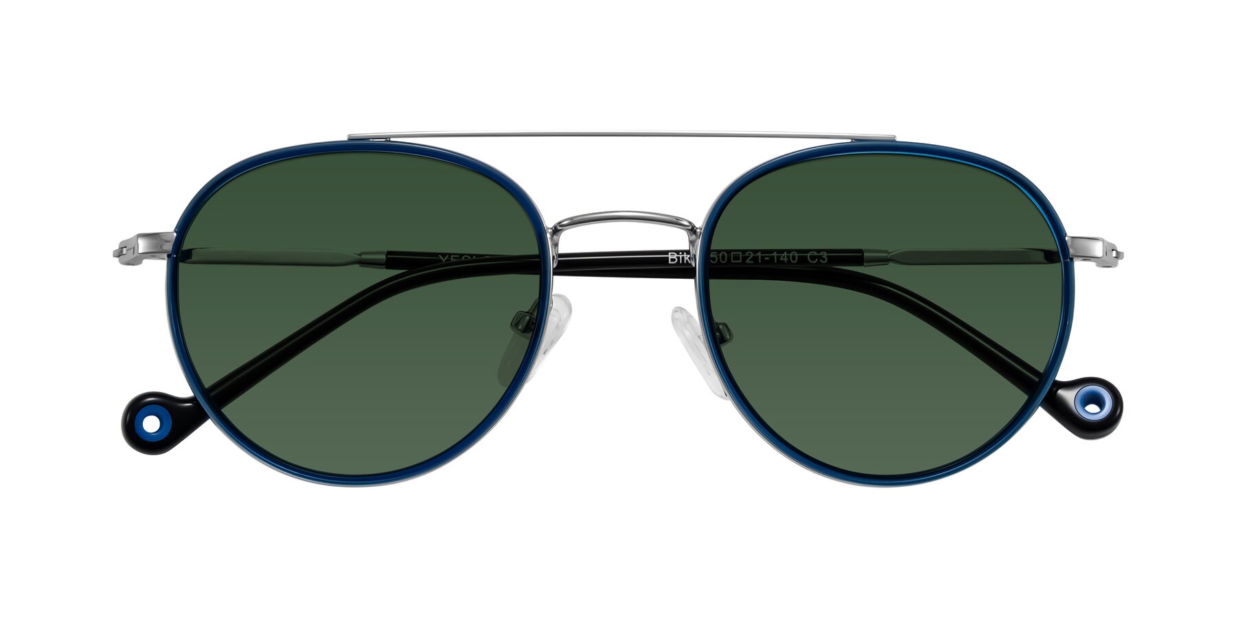 Folded Front of Biko in Blue/Silver with Green Tinted Lenses