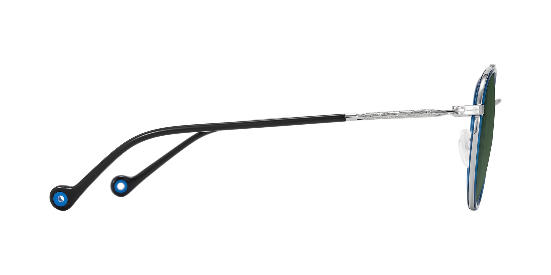 Side of Biko in Blue/Silver with Green Tinted Lenses