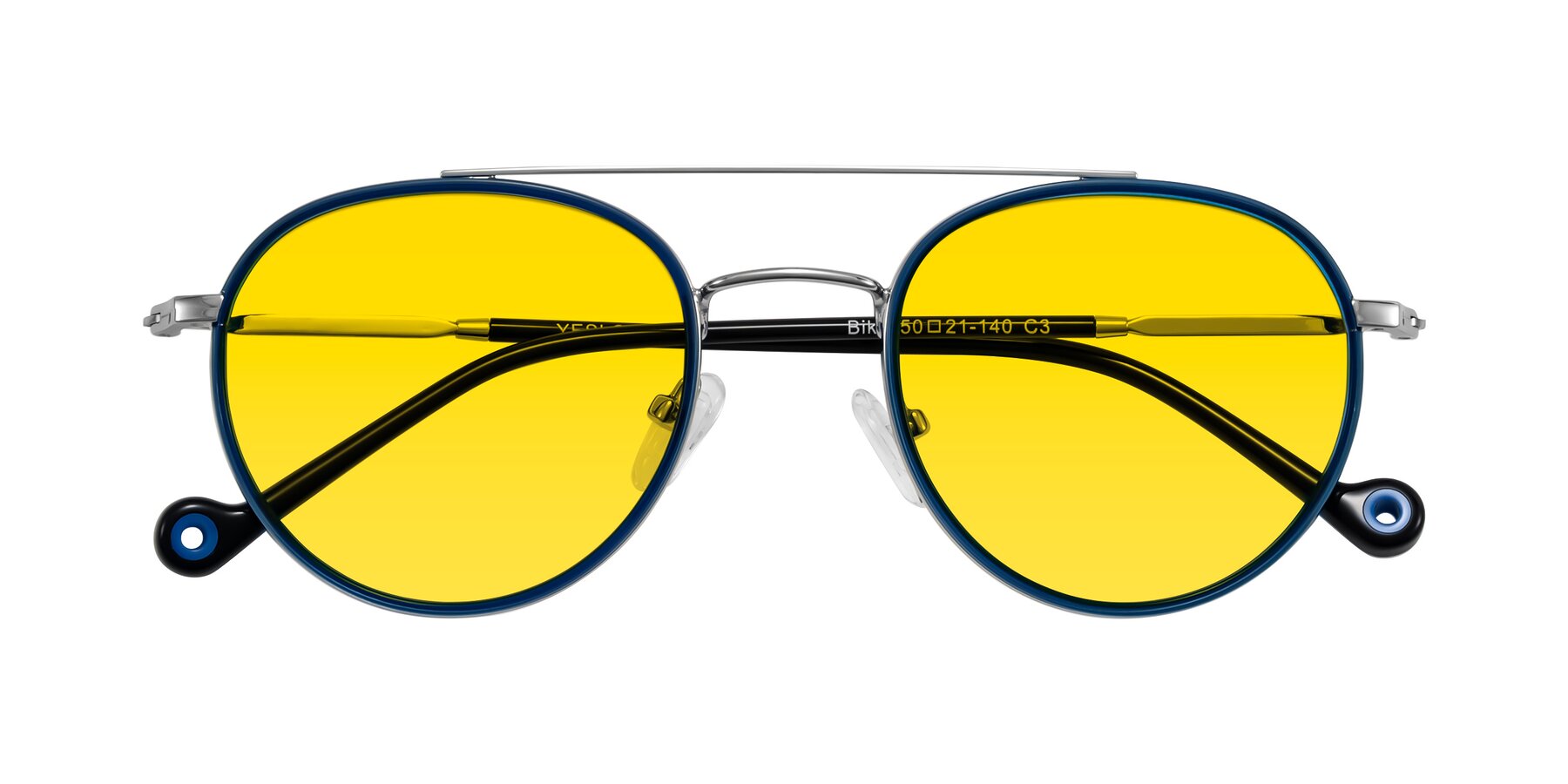 Folded Front of Biko in Blue/Silver with Yellow Tinted Lenses