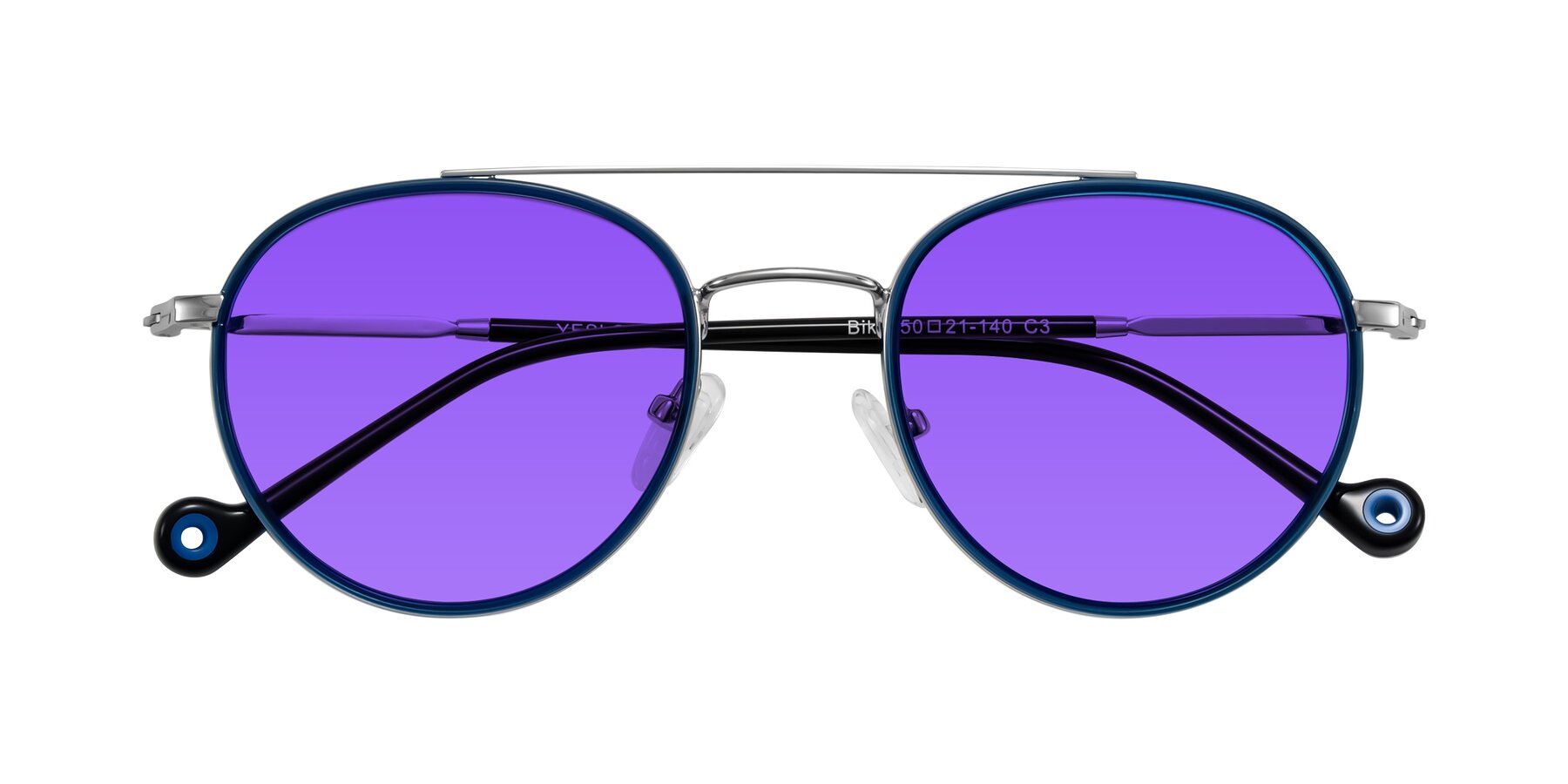 Folded Front of Biko in Blue/Silver with Purple Tinted Lenses