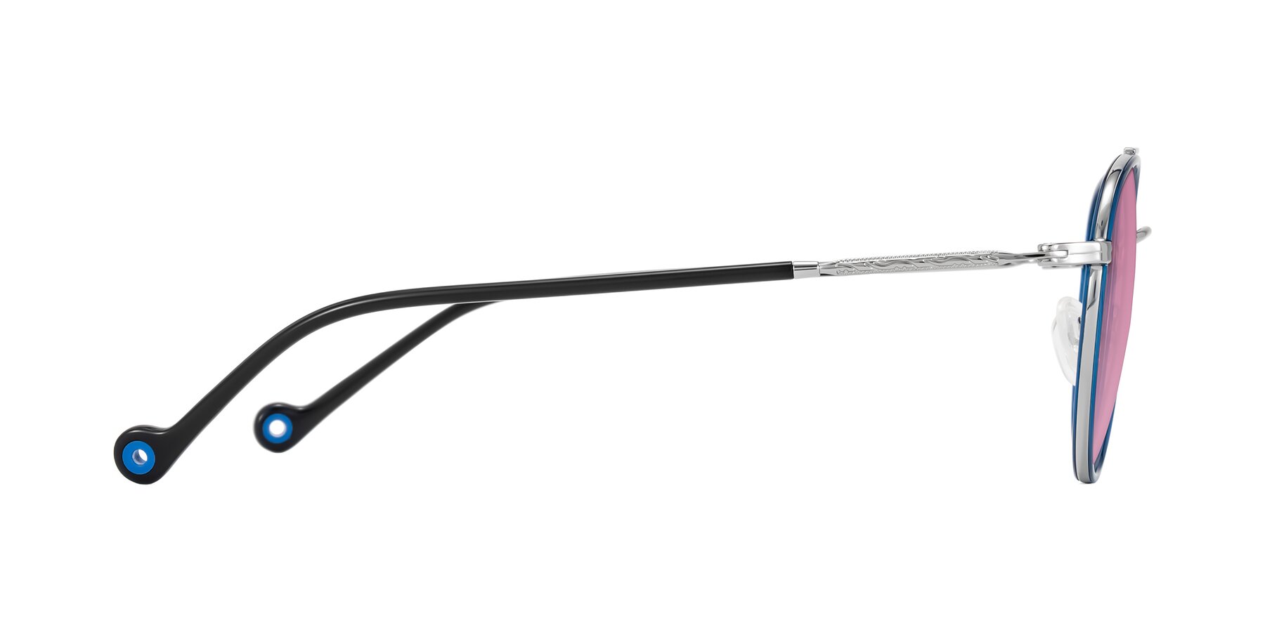 Side of Biko in Blue/Silver with Medium Wine Tinted Lenses