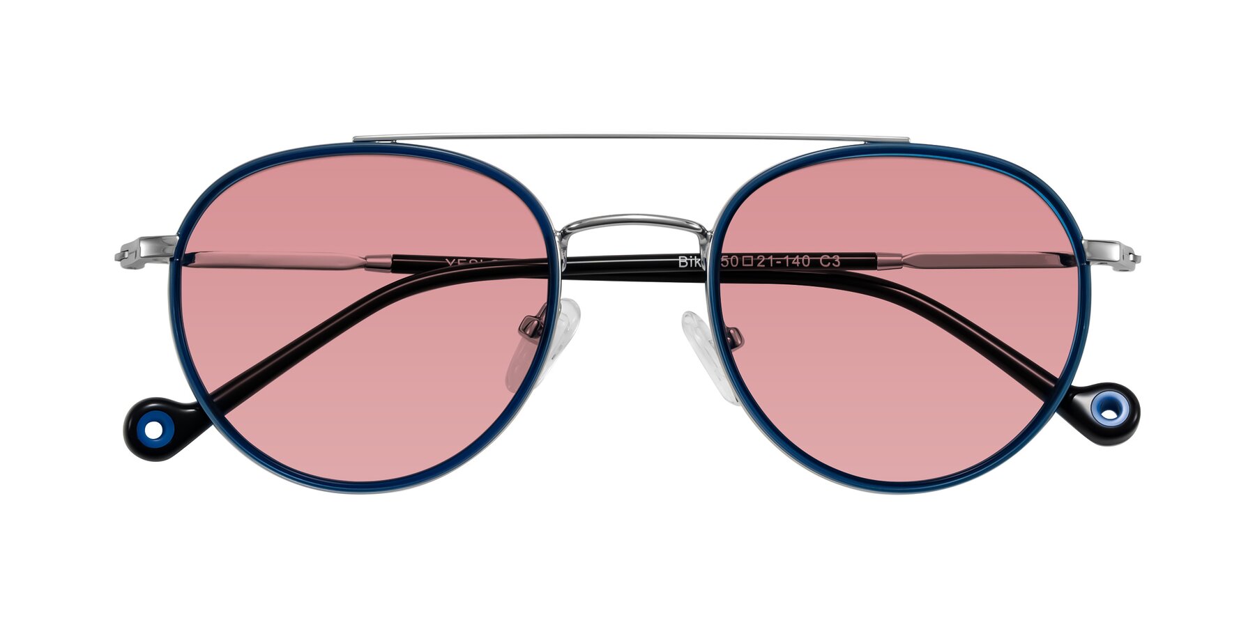 Folded Front of Biko in Blue/Silver with Medium Garnet Tinted Lenses