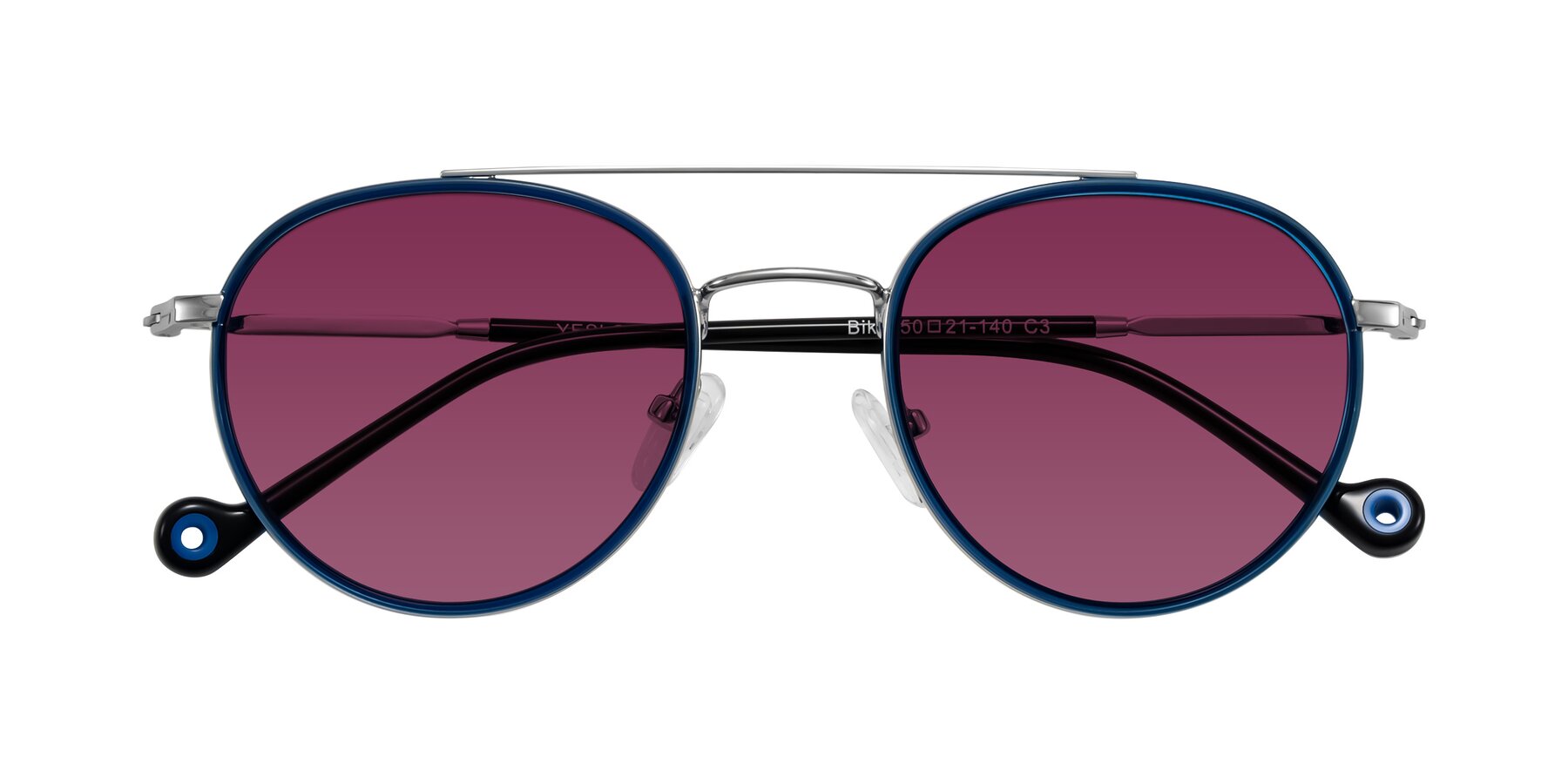 Folded Front of Biko in Blue/Silver with Wine Tinted Lenses
