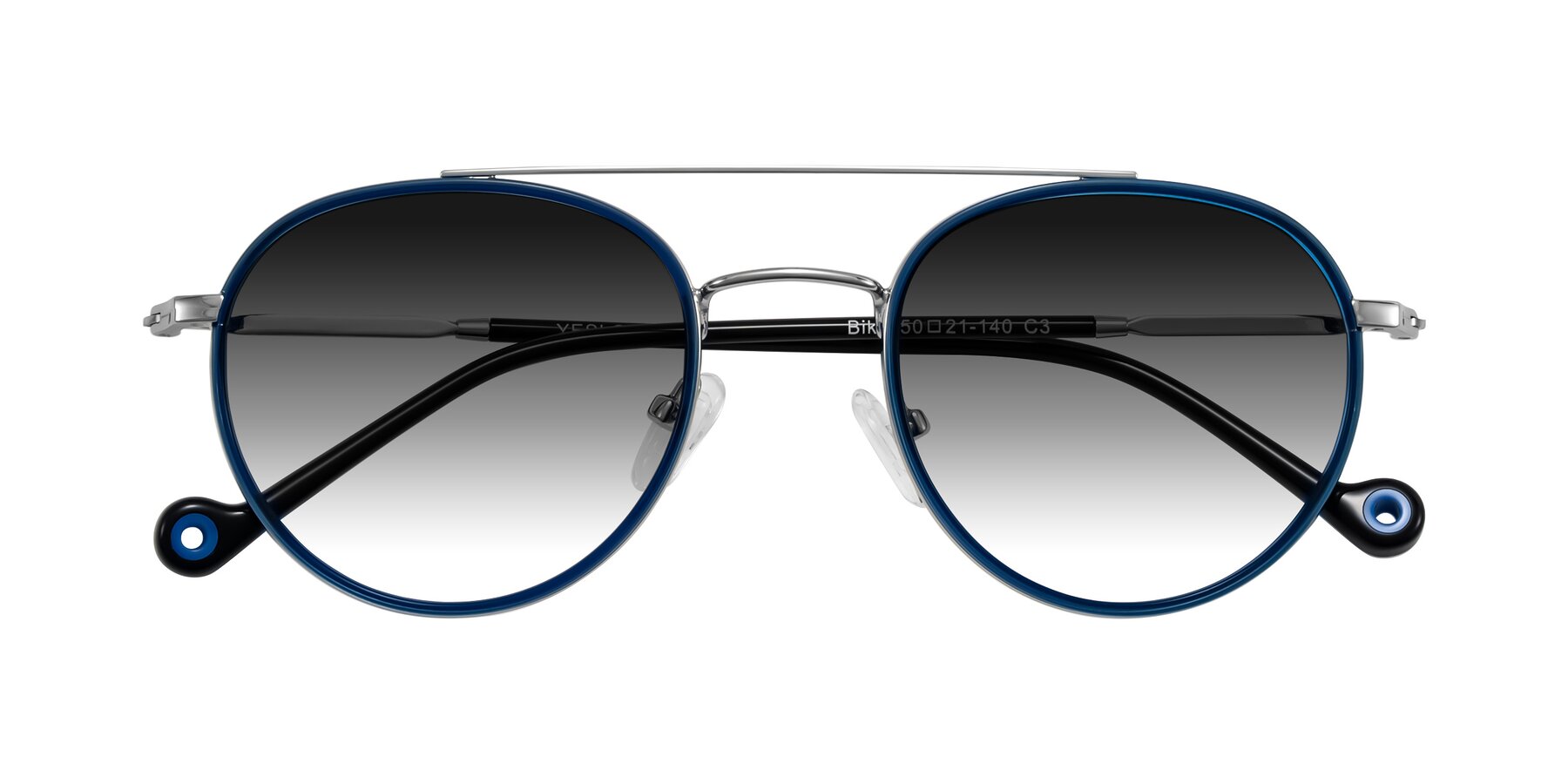 Folded Front of Biko in Blue/Silver with Gray Gradient Lenses