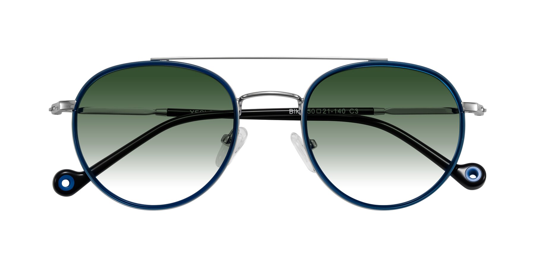 Folded Front of Biko in Blue/Silver with Green Gradient Lenses