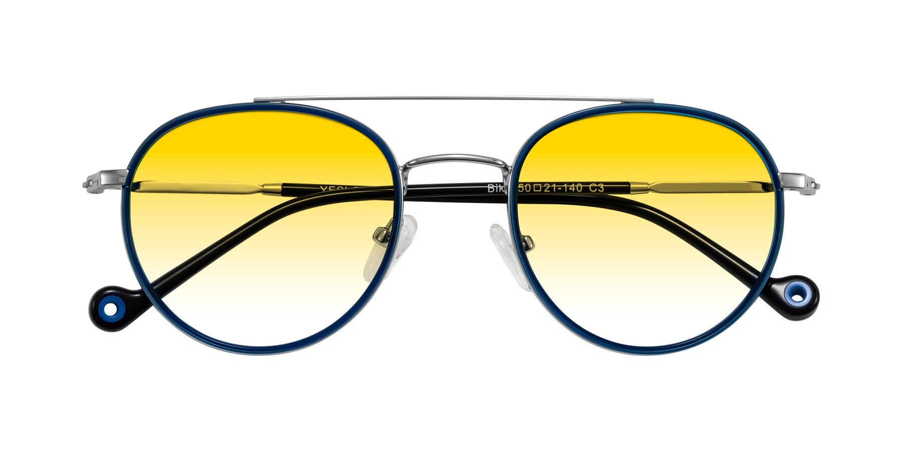 Folded Front of Biko in Blue/Silver with Yellow Gradient Lenses