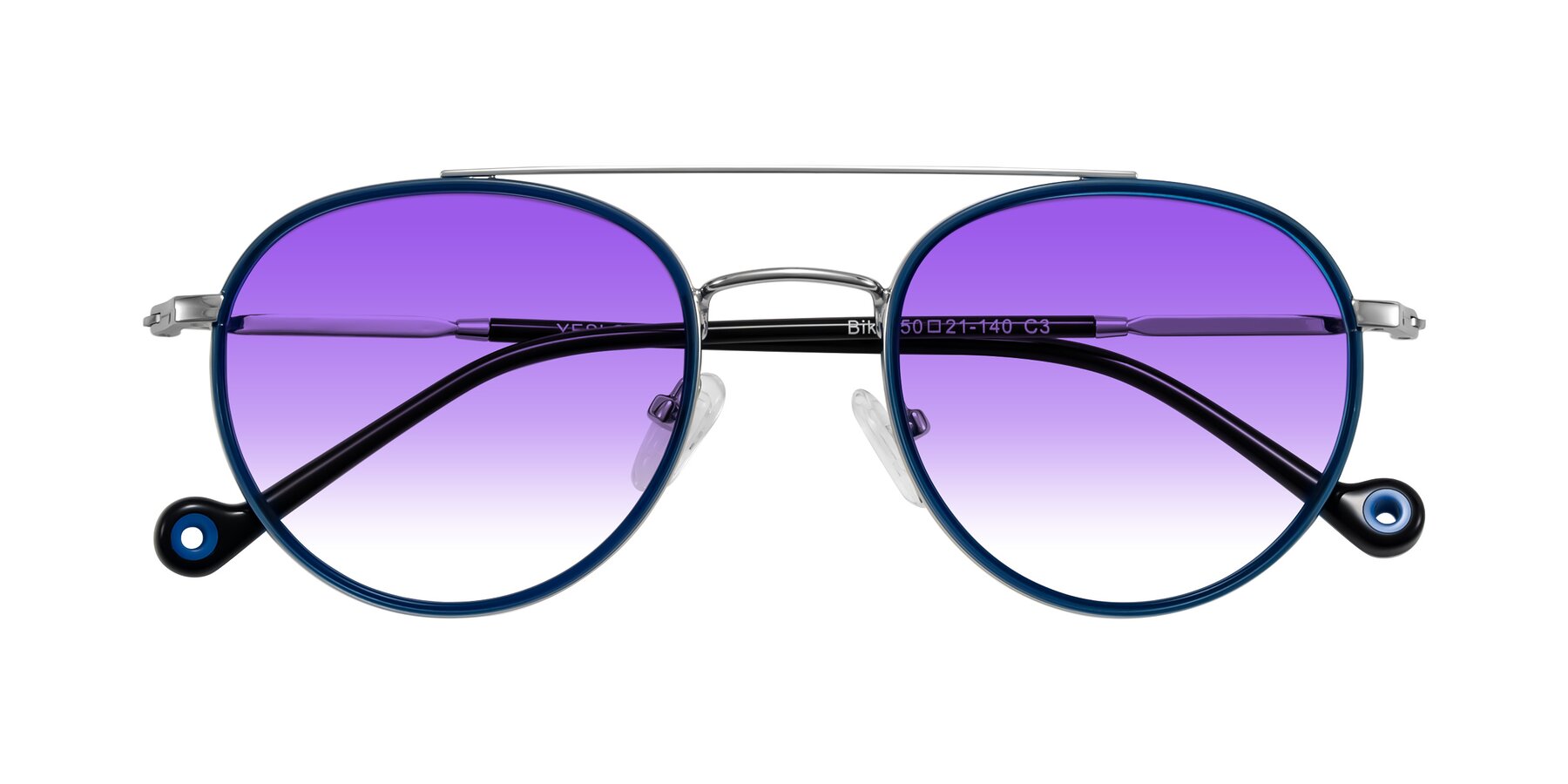 Folded Front of Biko in Blue/Silver with Purple Gradient Lenses