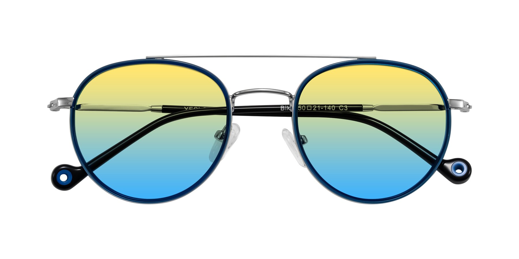 Folded Front of Biko in Blue/Silver with Yellow / Blue Gradient Lenses