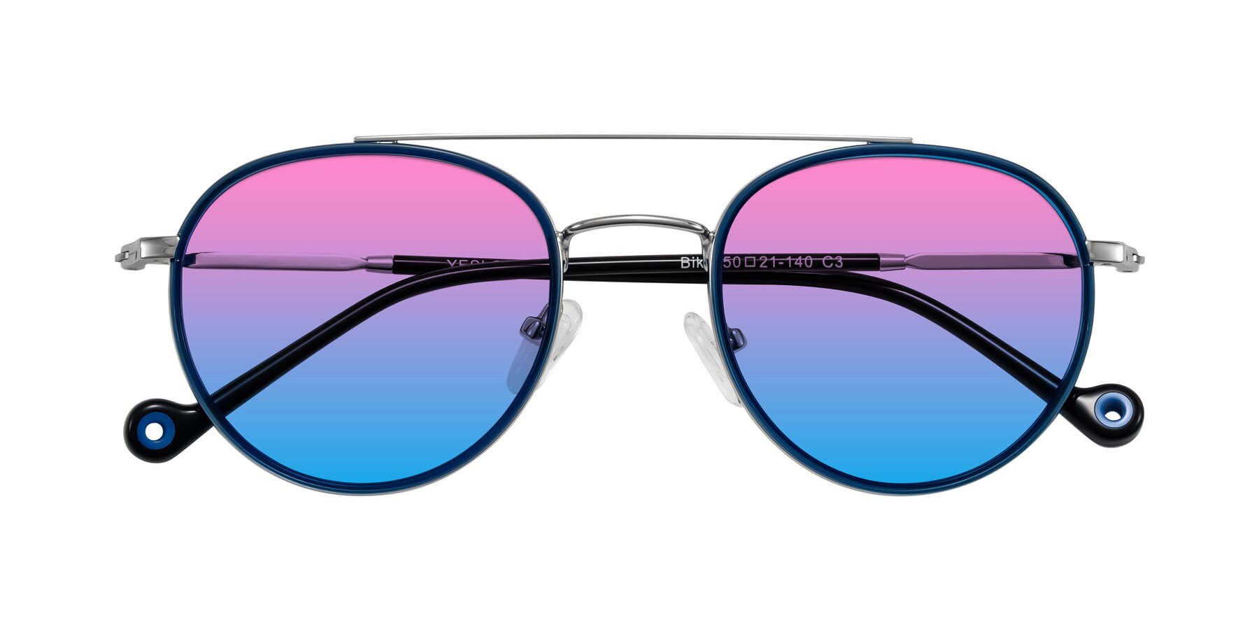 Folded Front of Biko in Blue/Silver with Pink / Blue Gradient Lenses