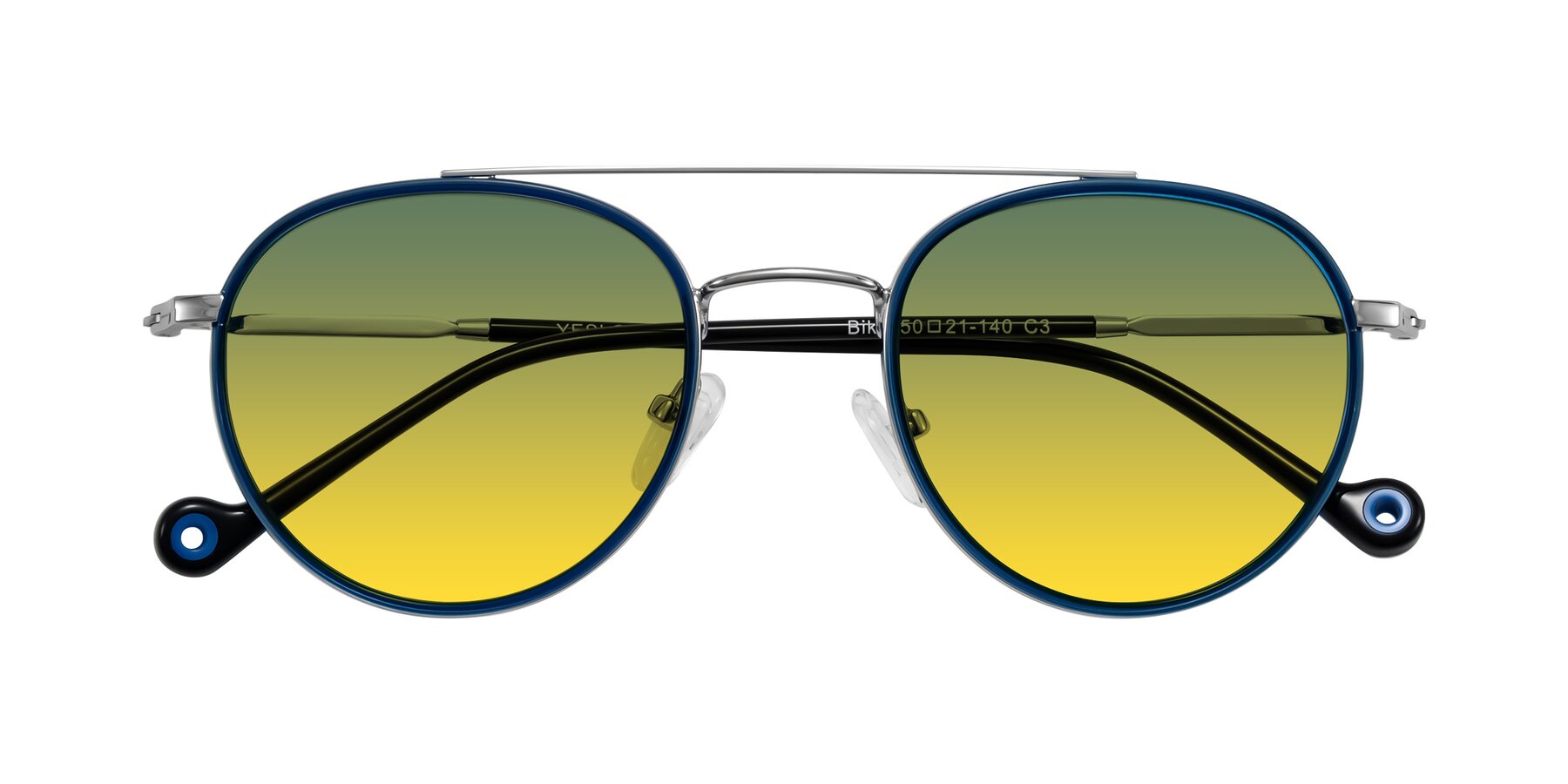 Folded Front of Biko in Blue/Silver with Green / Yellow Gradient Lenses