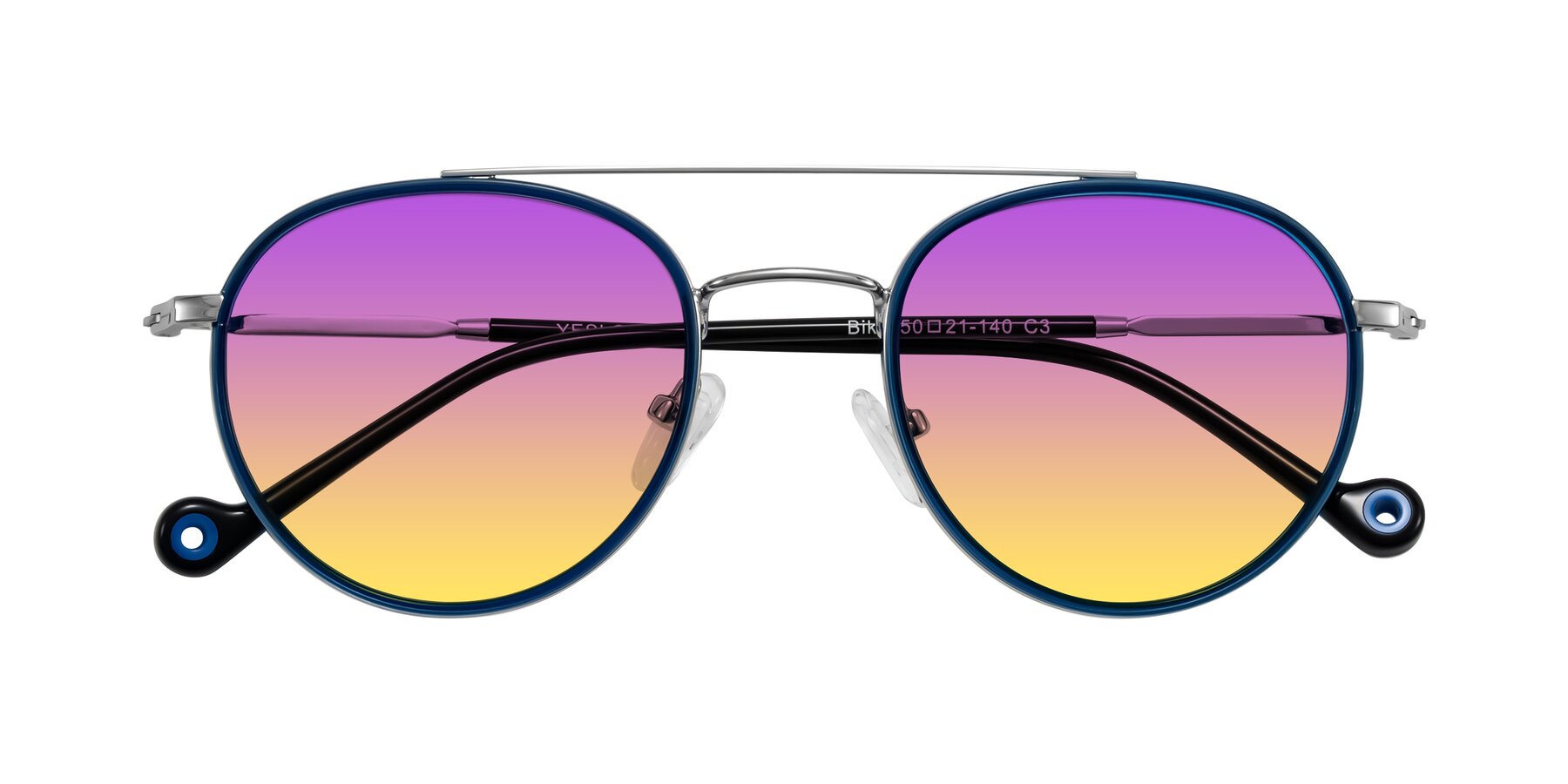 Folded Front of Biko in Blue/Silver with Purple / Yellow Gradient Lenses