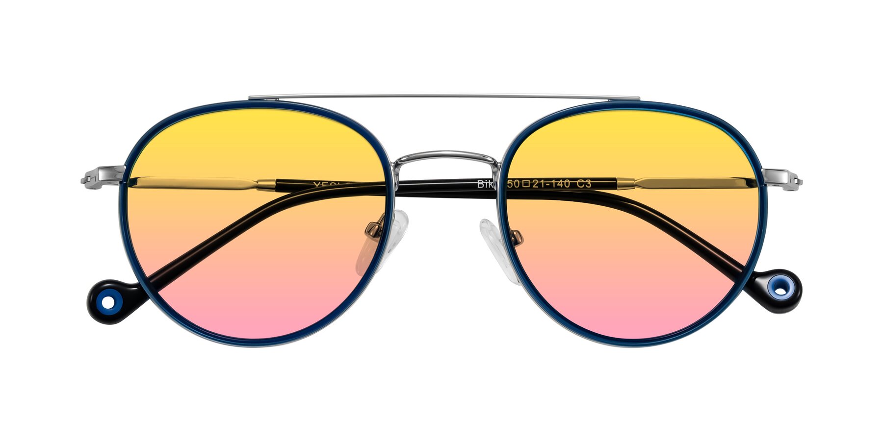 Folded Front of Biko in Blue/Silver with Yellow / Pink Gradient Lenses