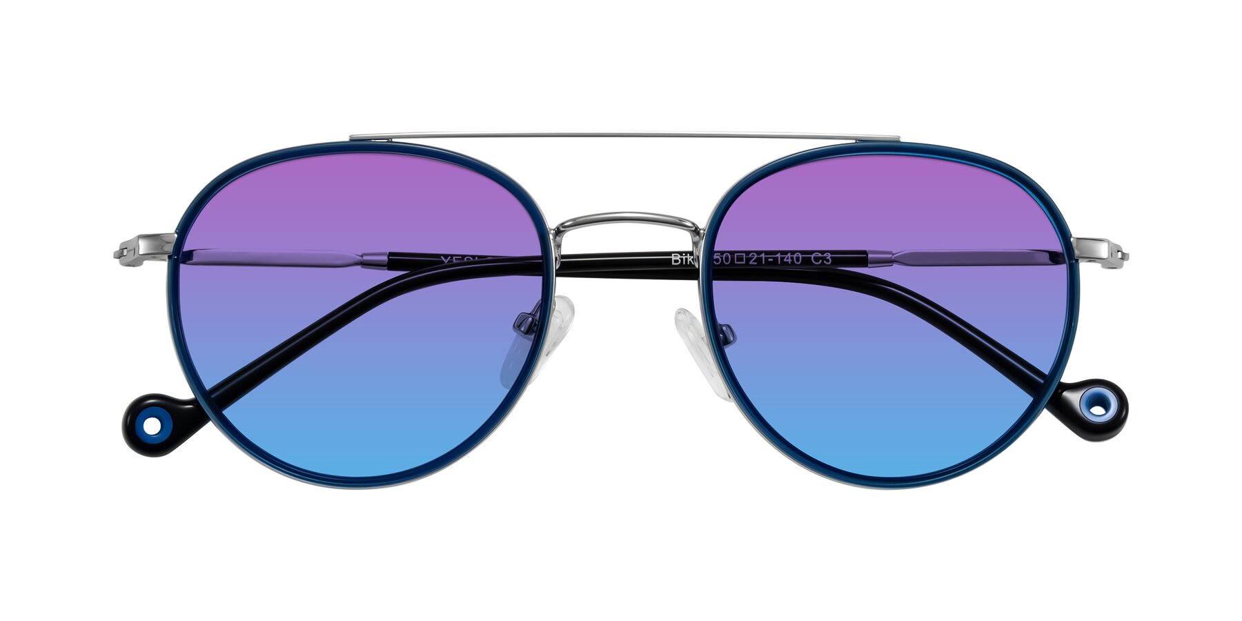 Folded Front of Biko in Blue/Silver with Purple / Blue Gradient Lenses