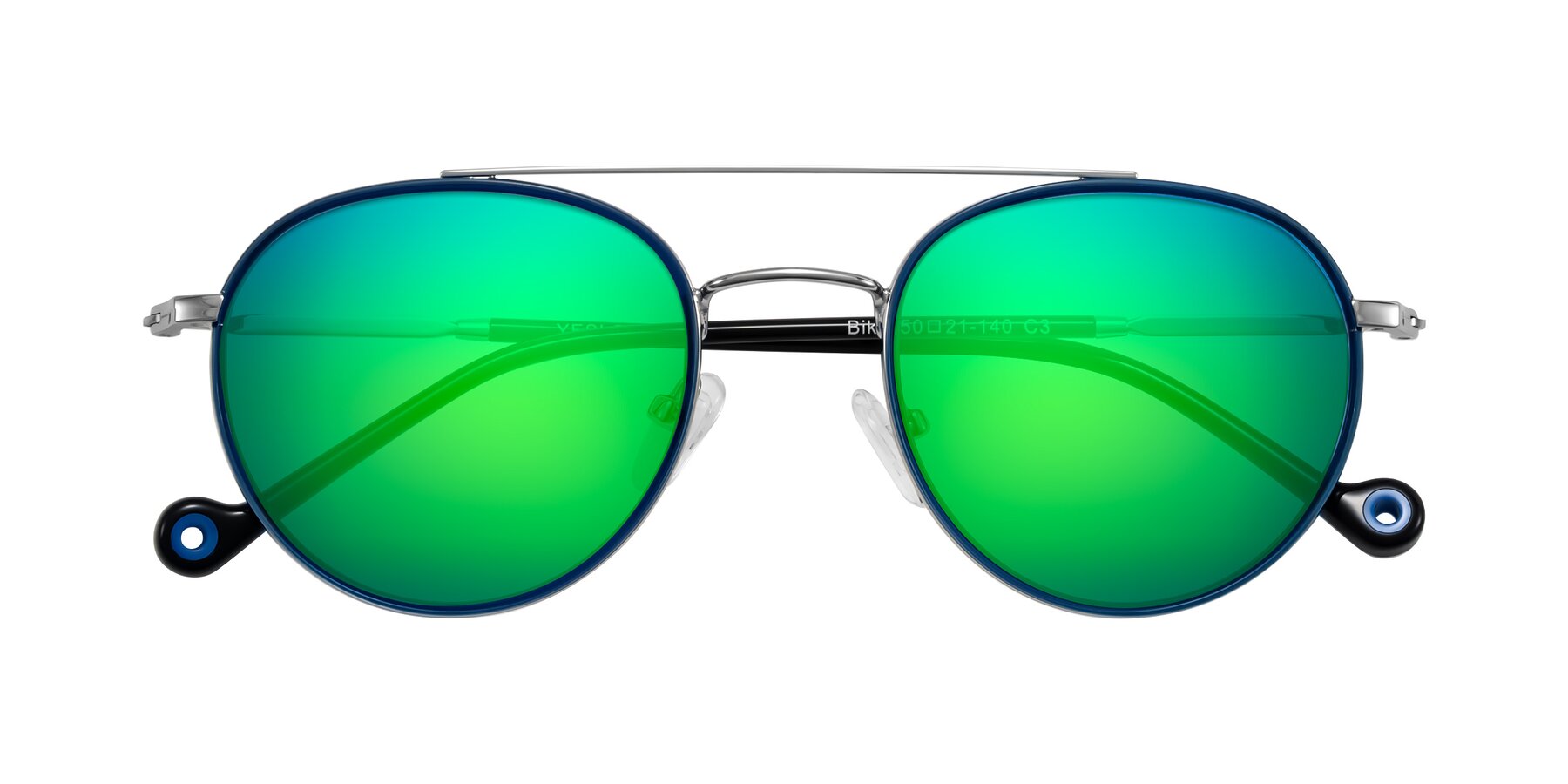 Folded Front of Biko in Blue/Silver with Green Mirrored Lenses