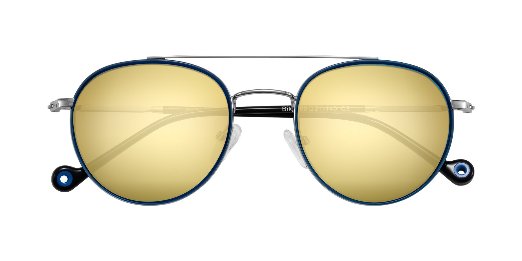 Folded Front of Biko in Blue/Silver with Gold Mirrored Lenses