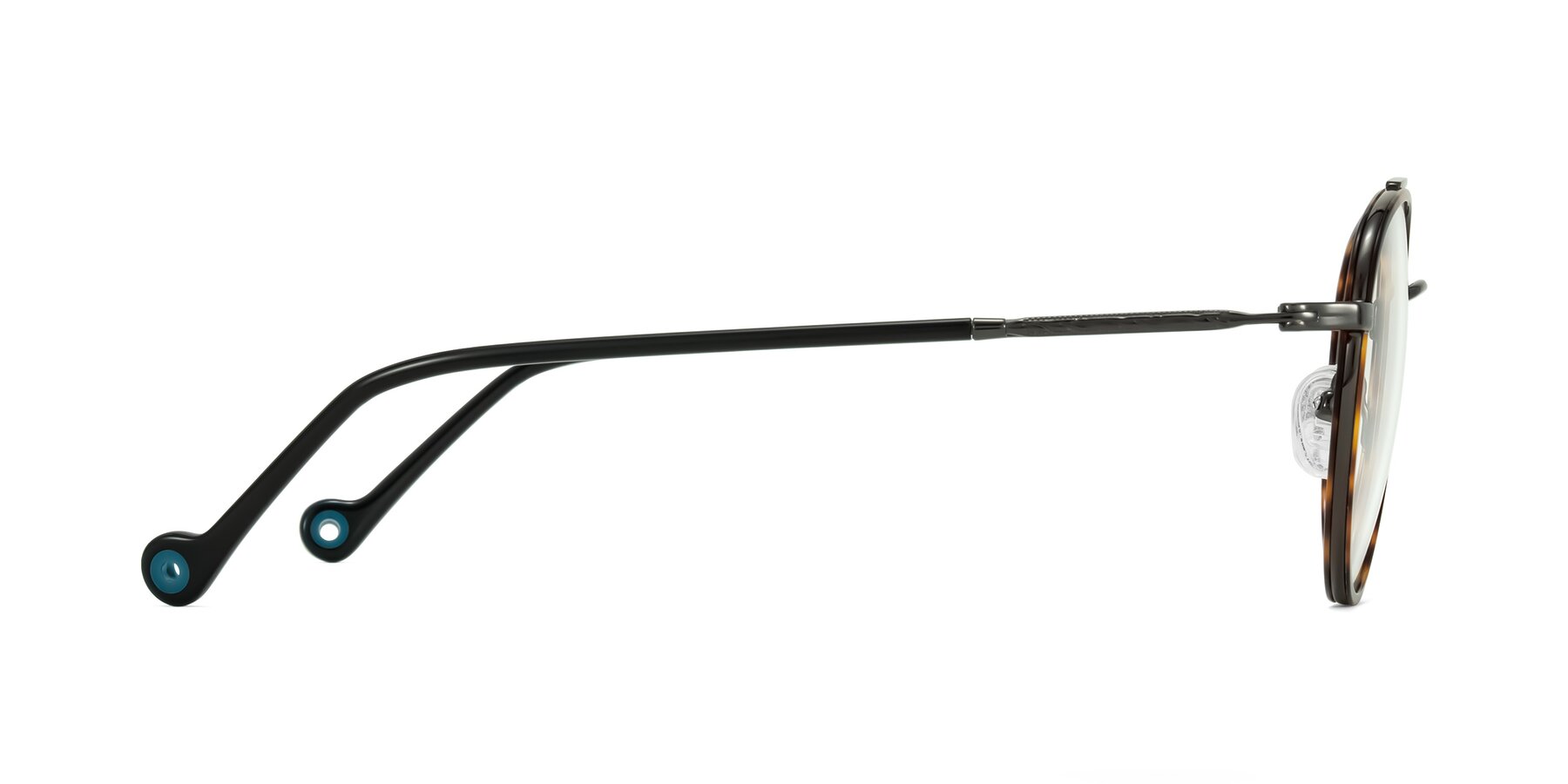 Side of Biko in Tortoise/Gunmetal with Clear Eyeglass Lenses
