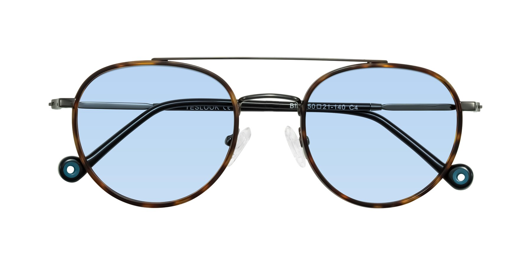 Folded Front of Biko in Tortoise/Gunmetal with Light Blue Tinted Lenses