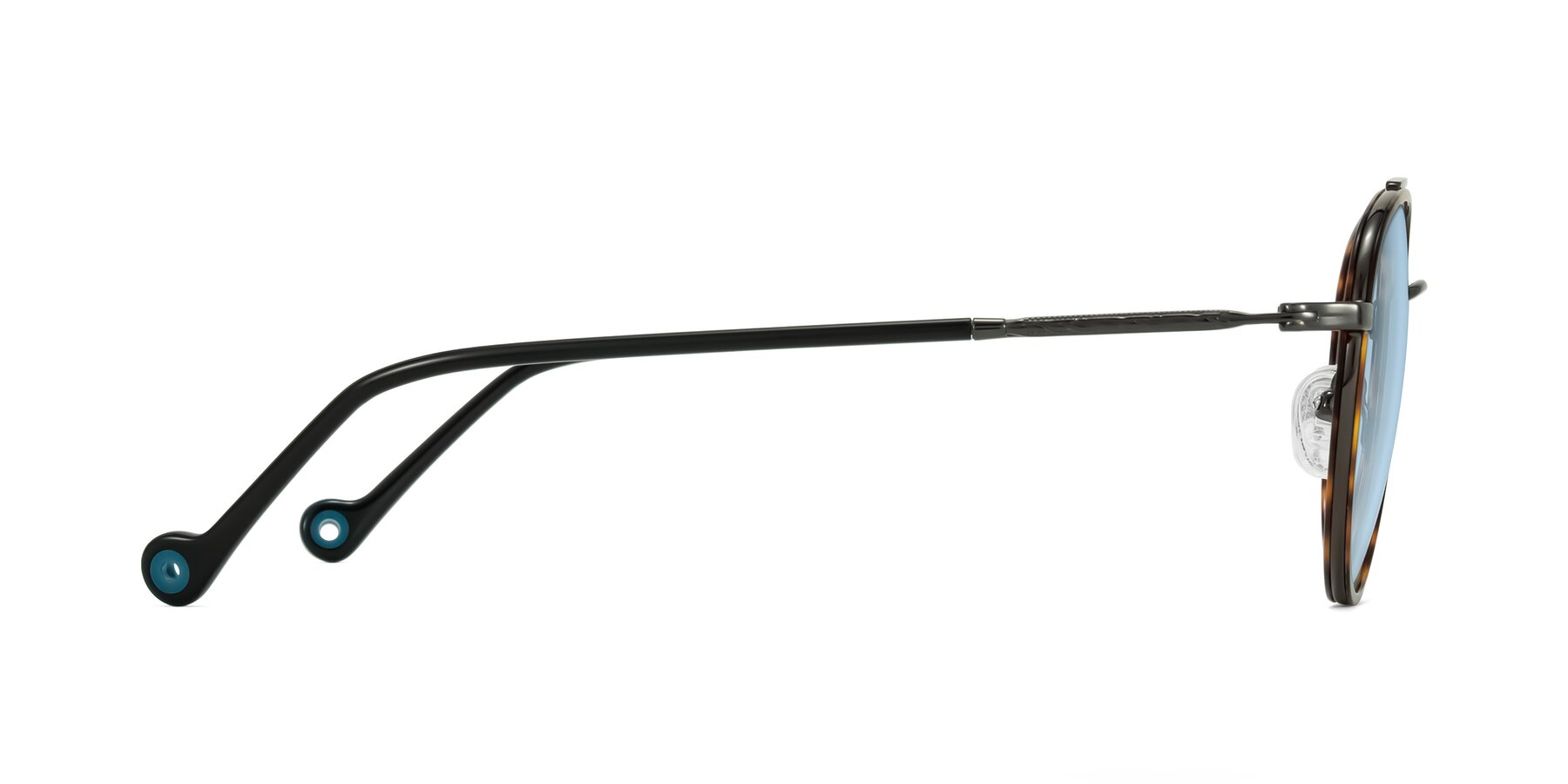 Side of Biko in Tortoise/Gunmetal with Light Blue Tinted Lenses