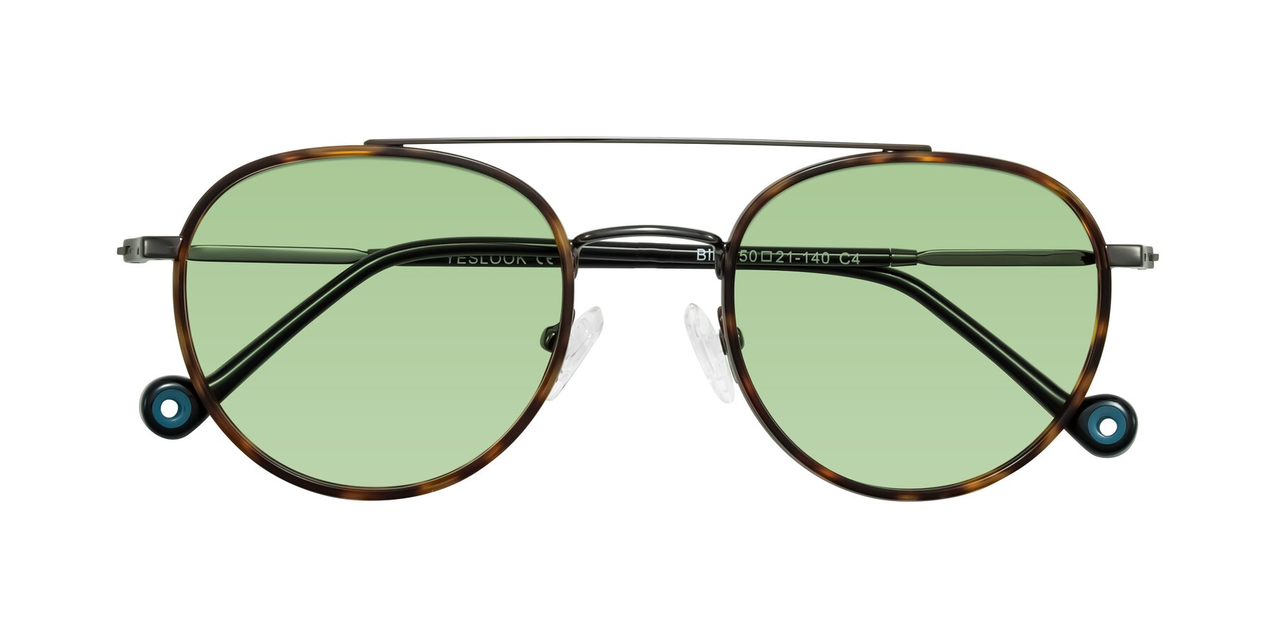 Folded Front of Biko in Tortoise/Gunmetal with Medium Green Tinted Lenses