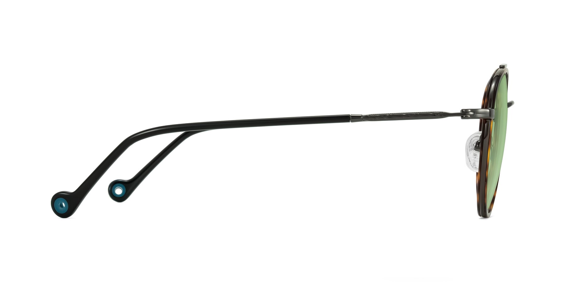 Side of Biko in Tortoise/Gunmetal with Medium Green Tinted Lenses