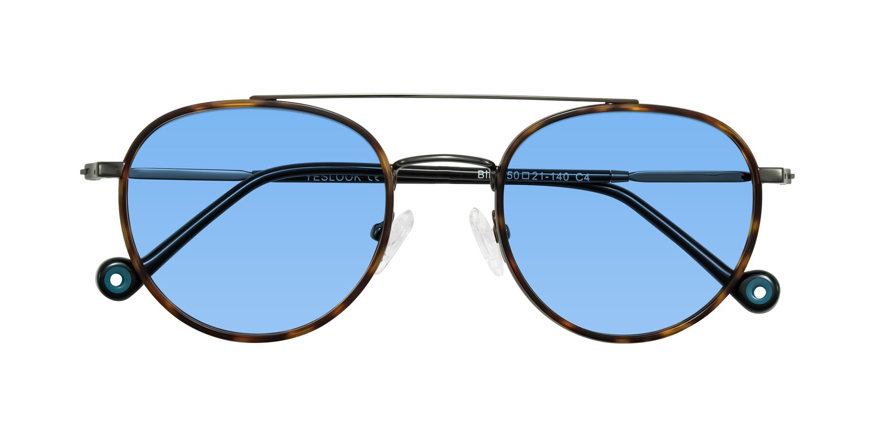 Folded Front of Biko in Tortoise/Gunmetal with Medium Blue Tinted Lenses