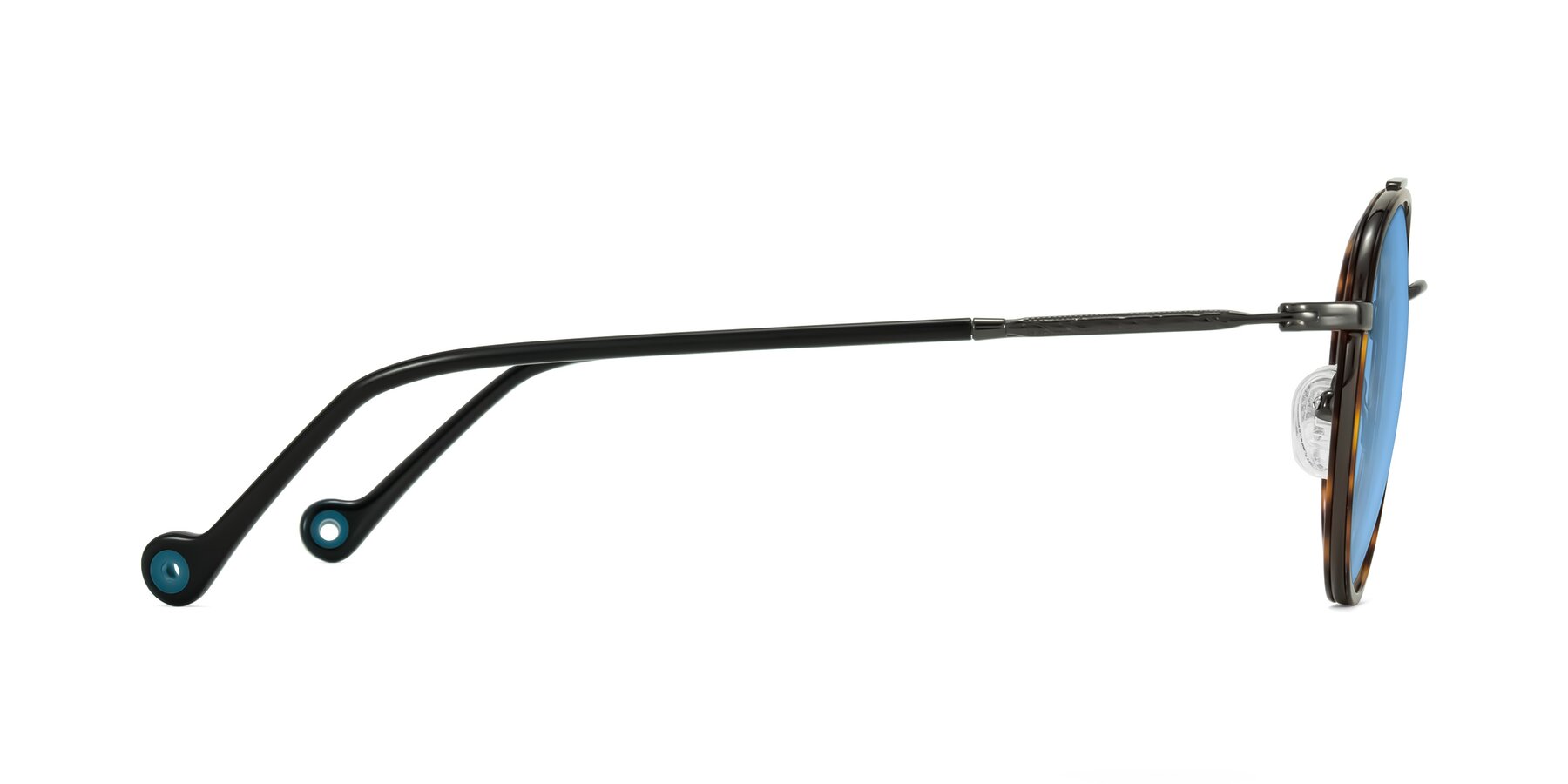 Side of Biko in Tortoise/Gunmetal with Medium Blue Tinted Lenses