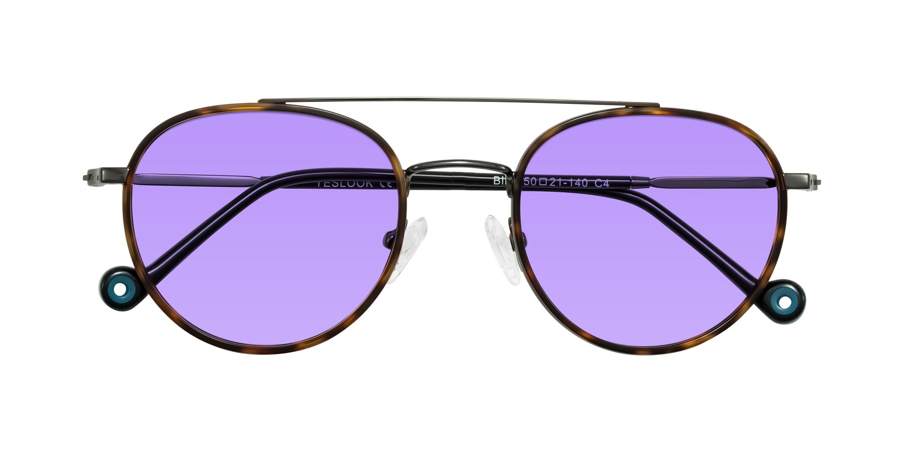 Folded Front of Biko in Tortoise/Gunmetal with Medium Purple Tinted Lenses