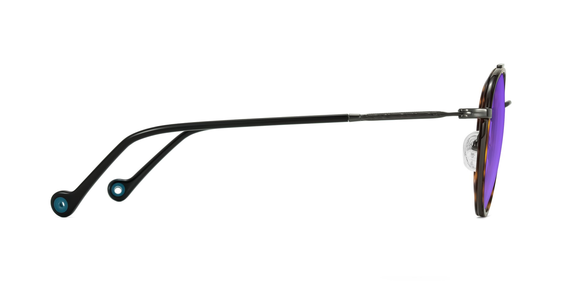 Side of Biko in Tortoise/Gunmetal with Purple Tinted Lenses