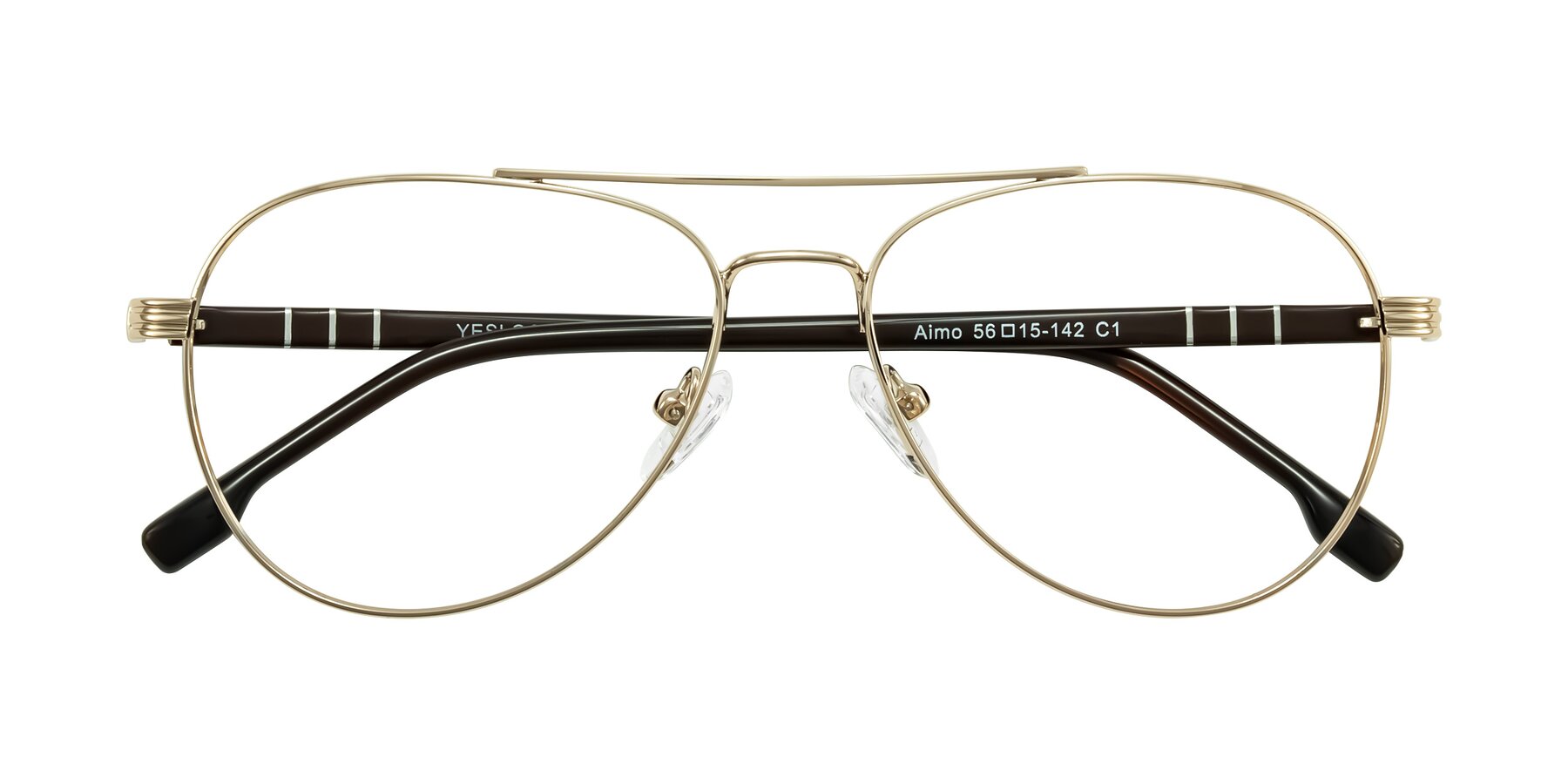 Folded Front of Aimo in Gold/Dark Brown with Clear Reading Eyeglass Lenses