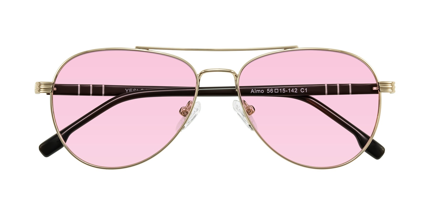 Folded Front of Aimo in Gold/Dark Brown with Light Pink Tinted Lenses