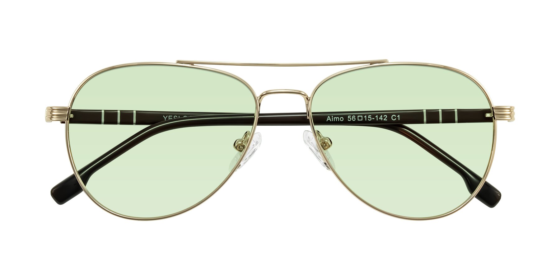 Folded Front of Aimo in Gold/Dark Brown with Light Green Tinted Lenses